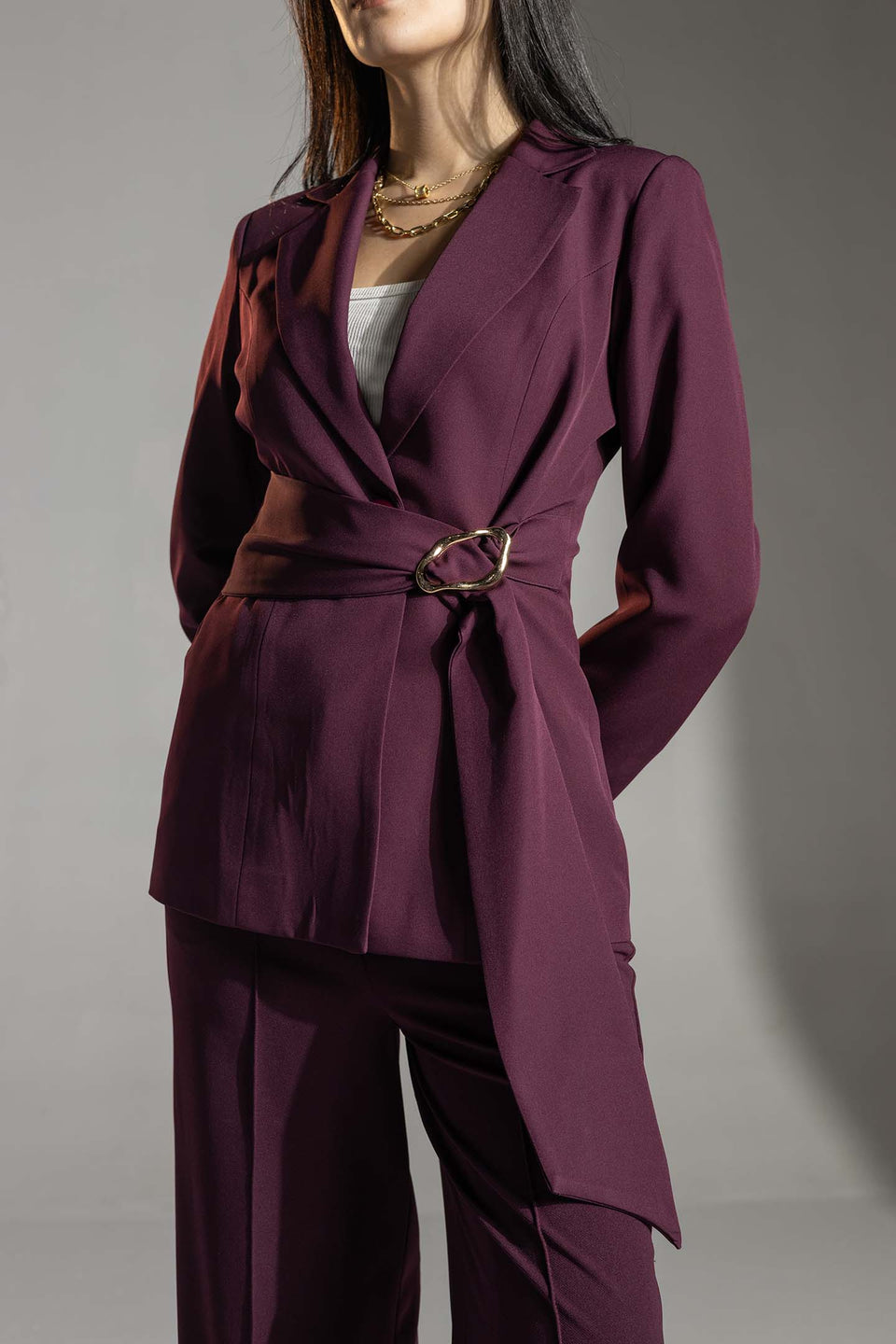 Burgundy Tailored Elegant Tied Blazer