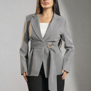 Grey Tailored Elegant Tied Blazer
