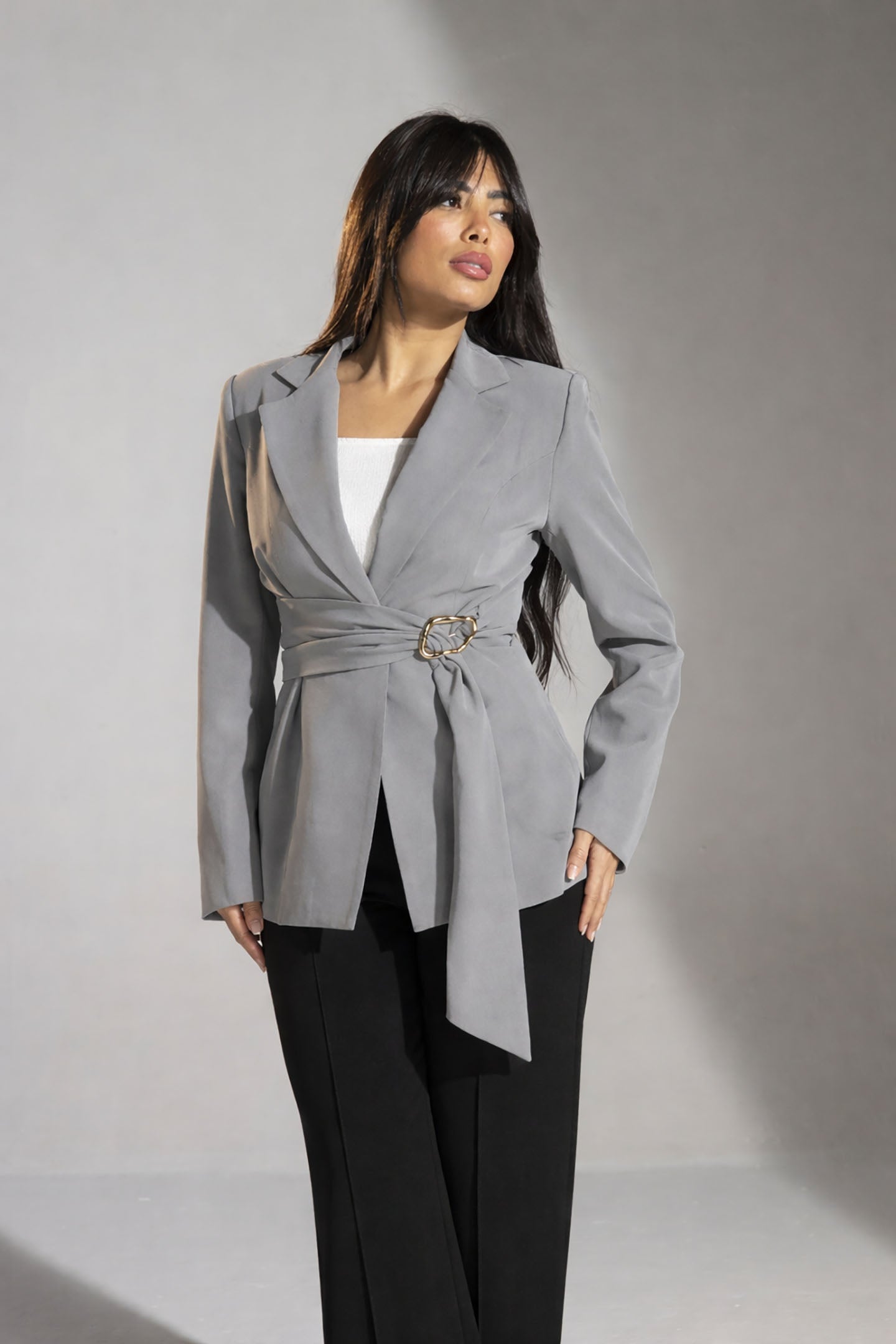 Grey Tailored Elegant Tied Blazer