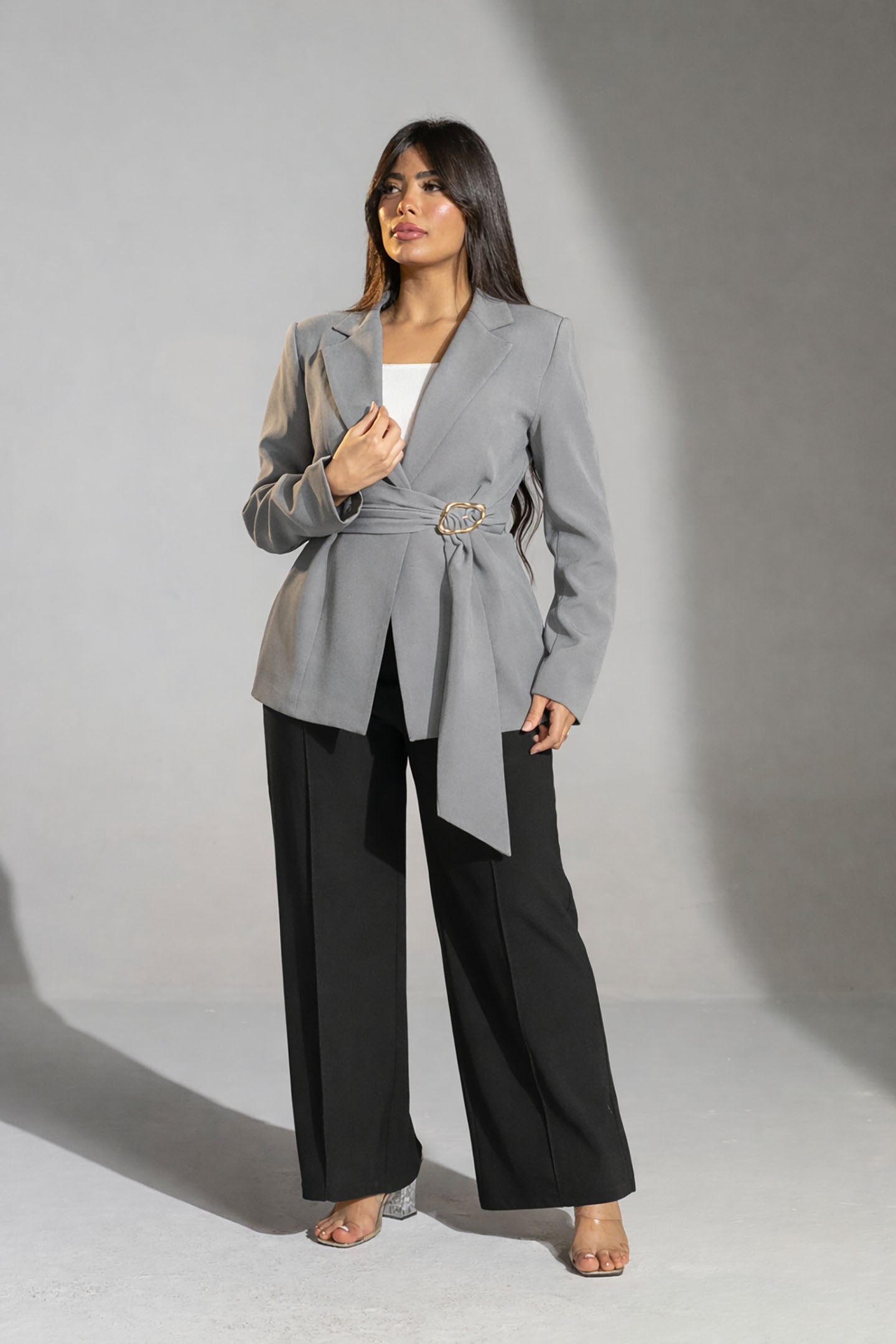 Grey Tailored Elegant Tied Blazer