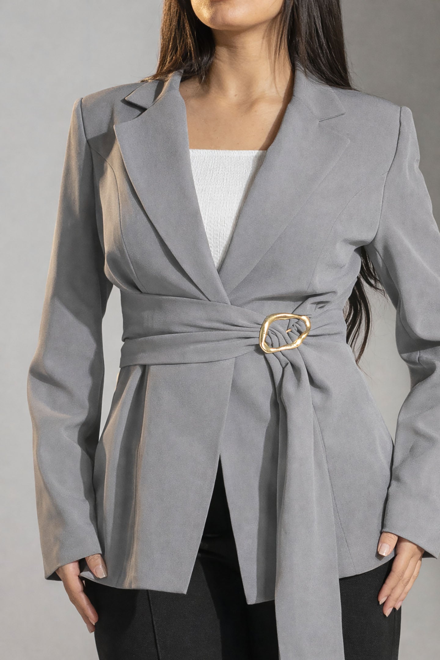 Grey Tailored Elegant Tied Blazer