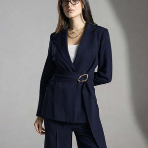 Navy Tailored Elegant Tied Blazer