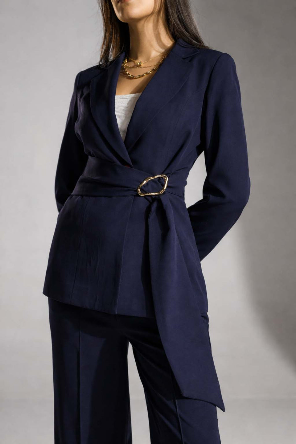 Navy Tailored Elegant Tied Blazer