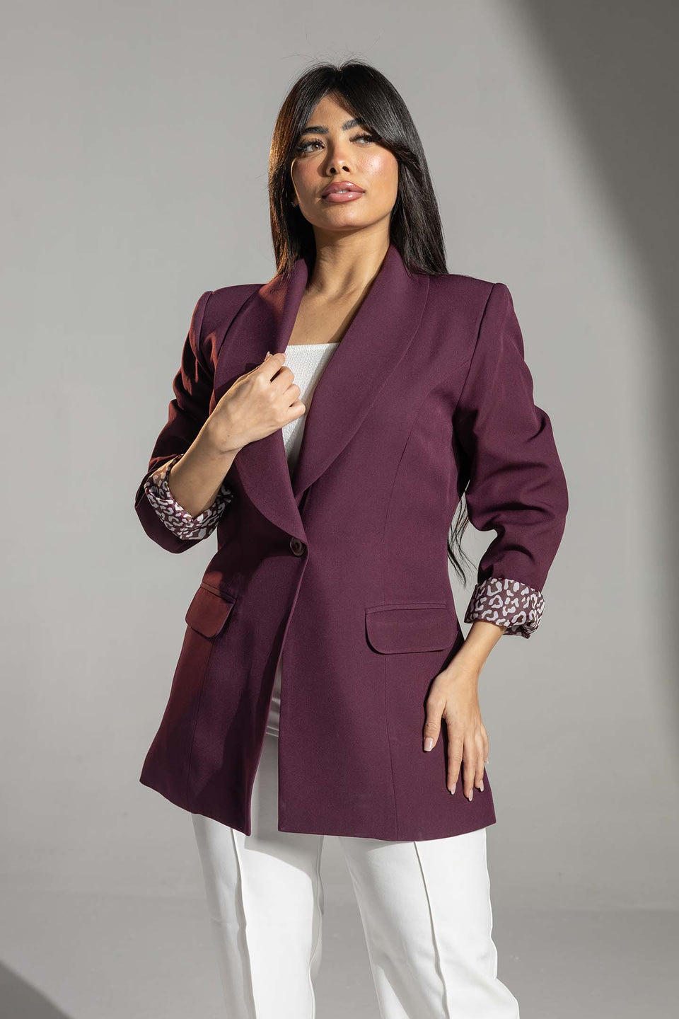 Burgundy Printed Cuff Detail Blazer