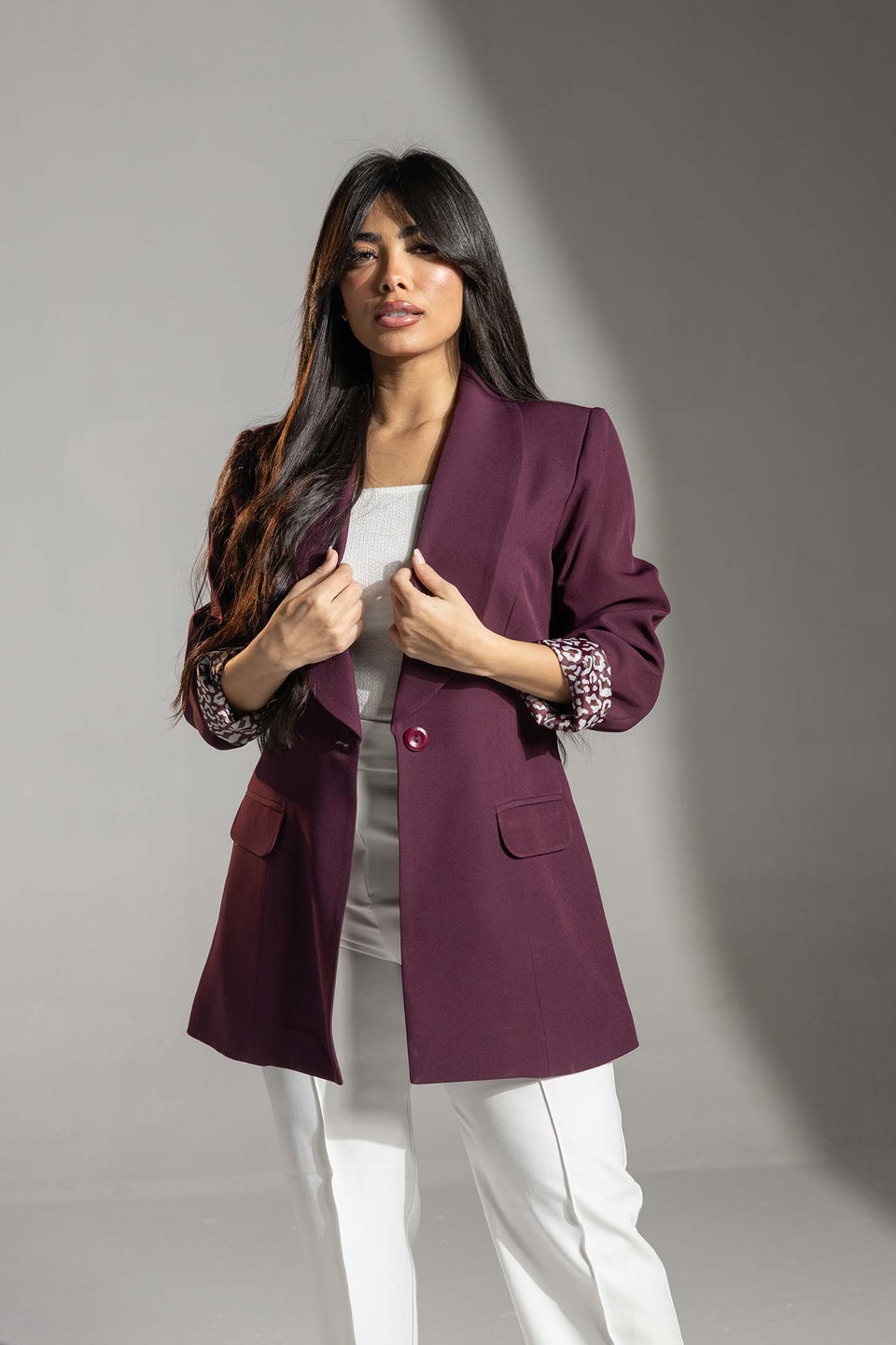 Burgundy Printed Cuff Detail Blazer