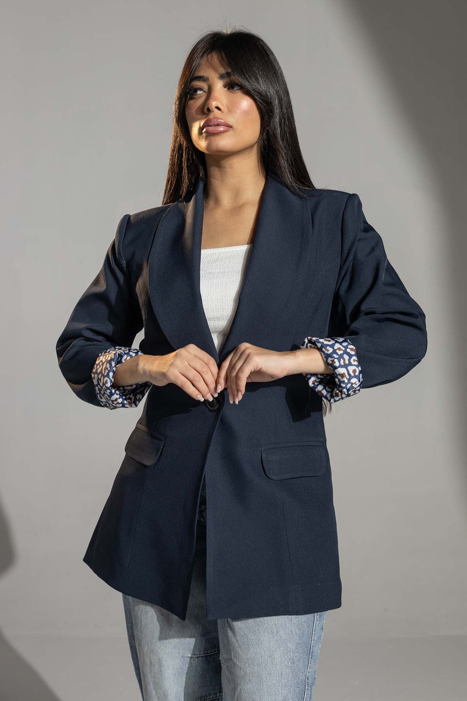 Navy Printed Cuff Detail Blazer