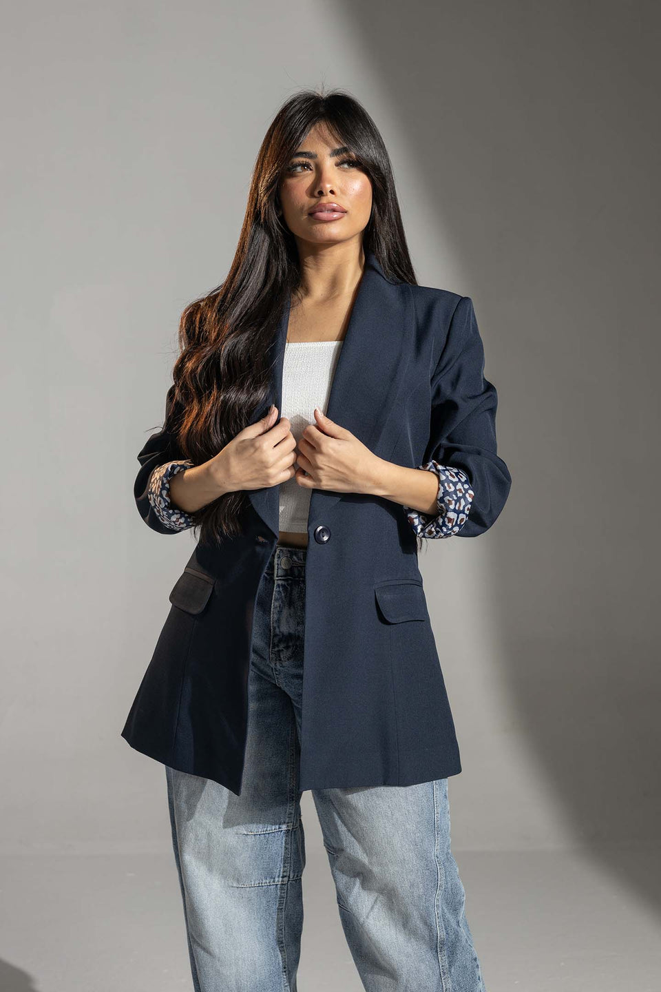 Navy Printed Cuff Detail Blazer