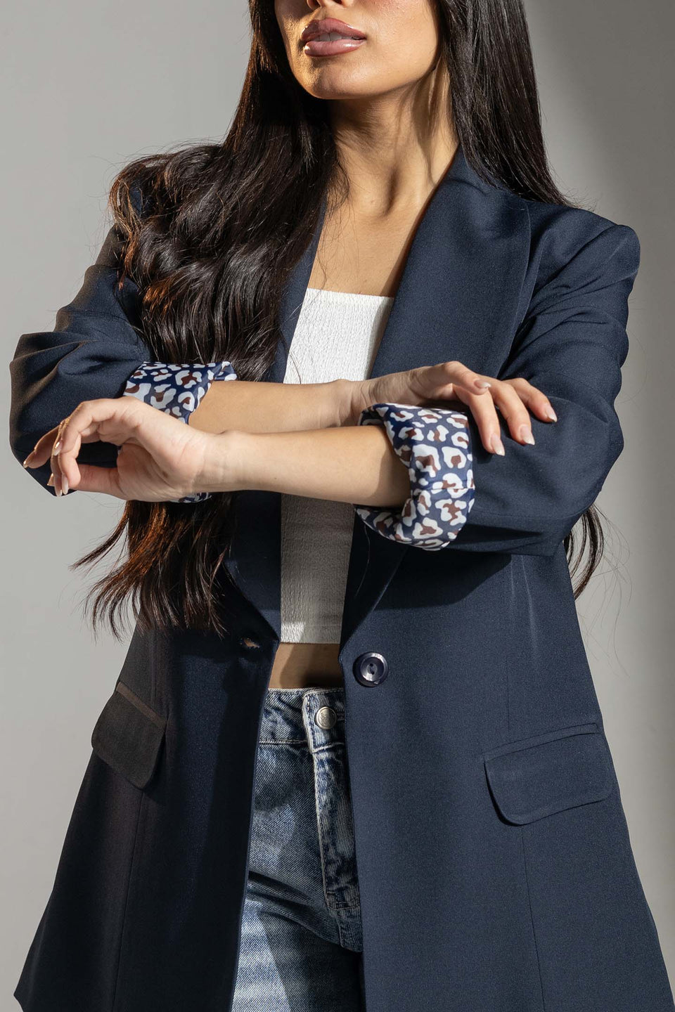 Navy Printed Cuff Detail Blazer