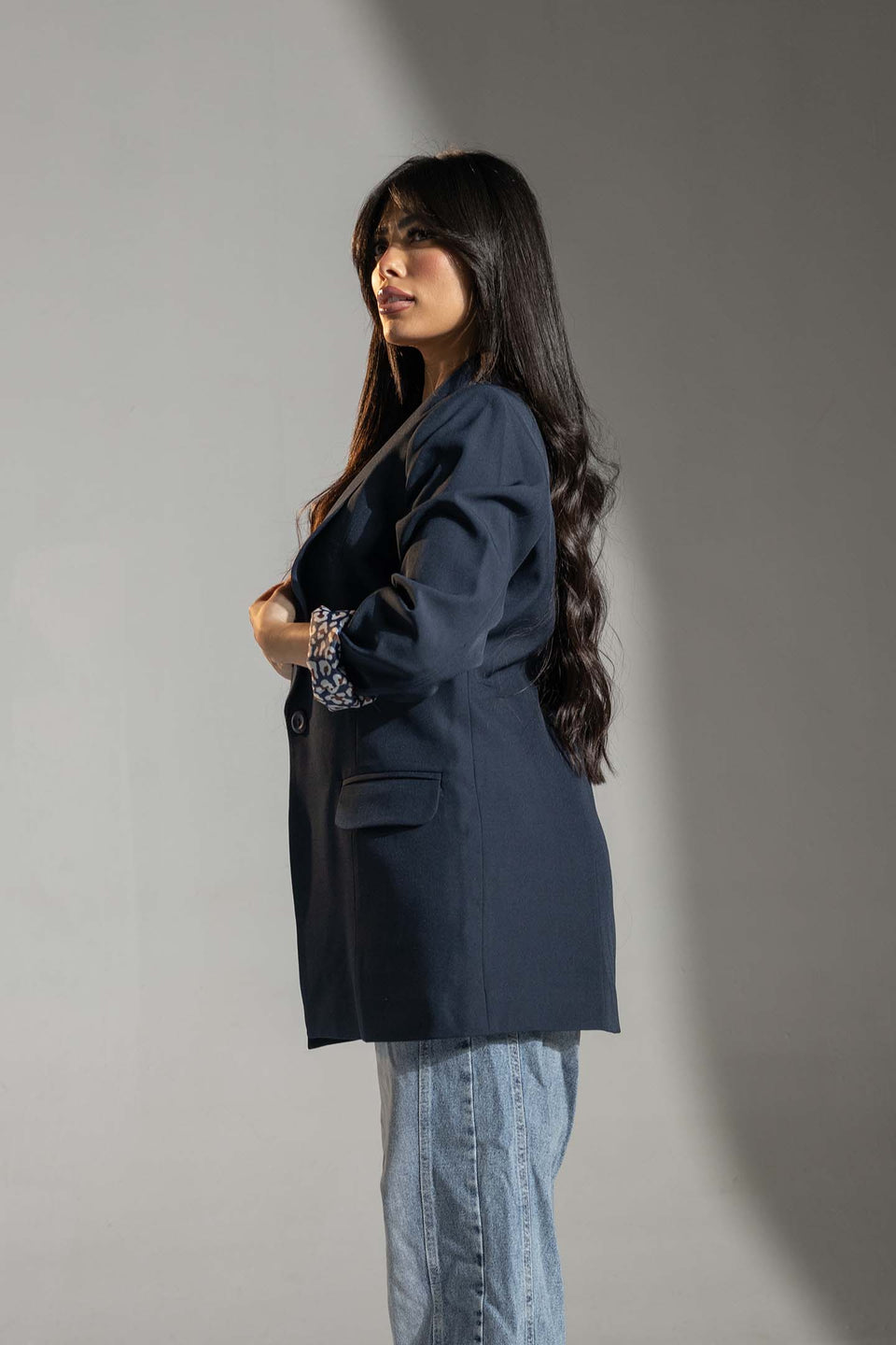 Navy Printed Cuff Detail Blazer