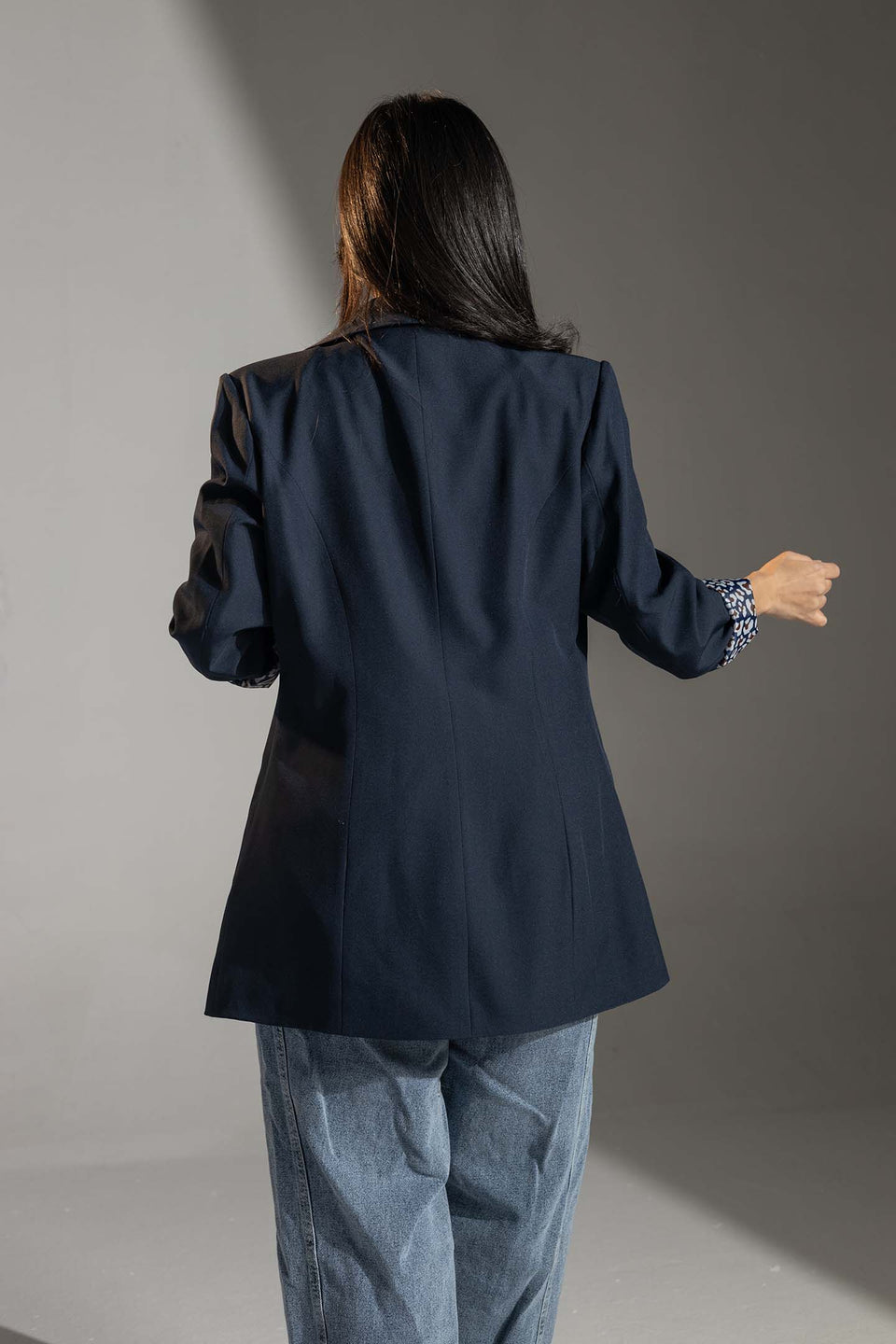 Navy Printed Cuff Detail Blazer