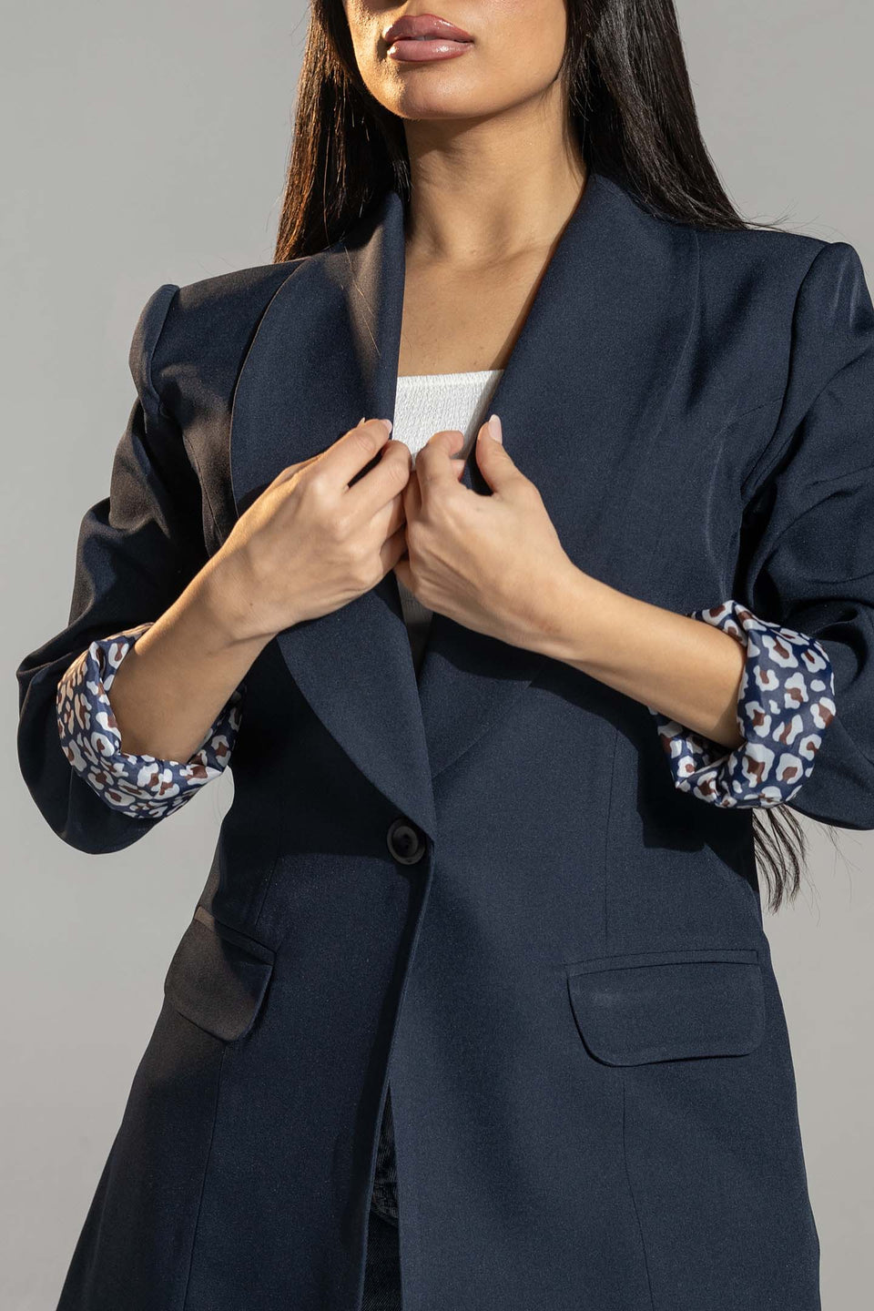 Navy Printed Cuff Detail Blazer