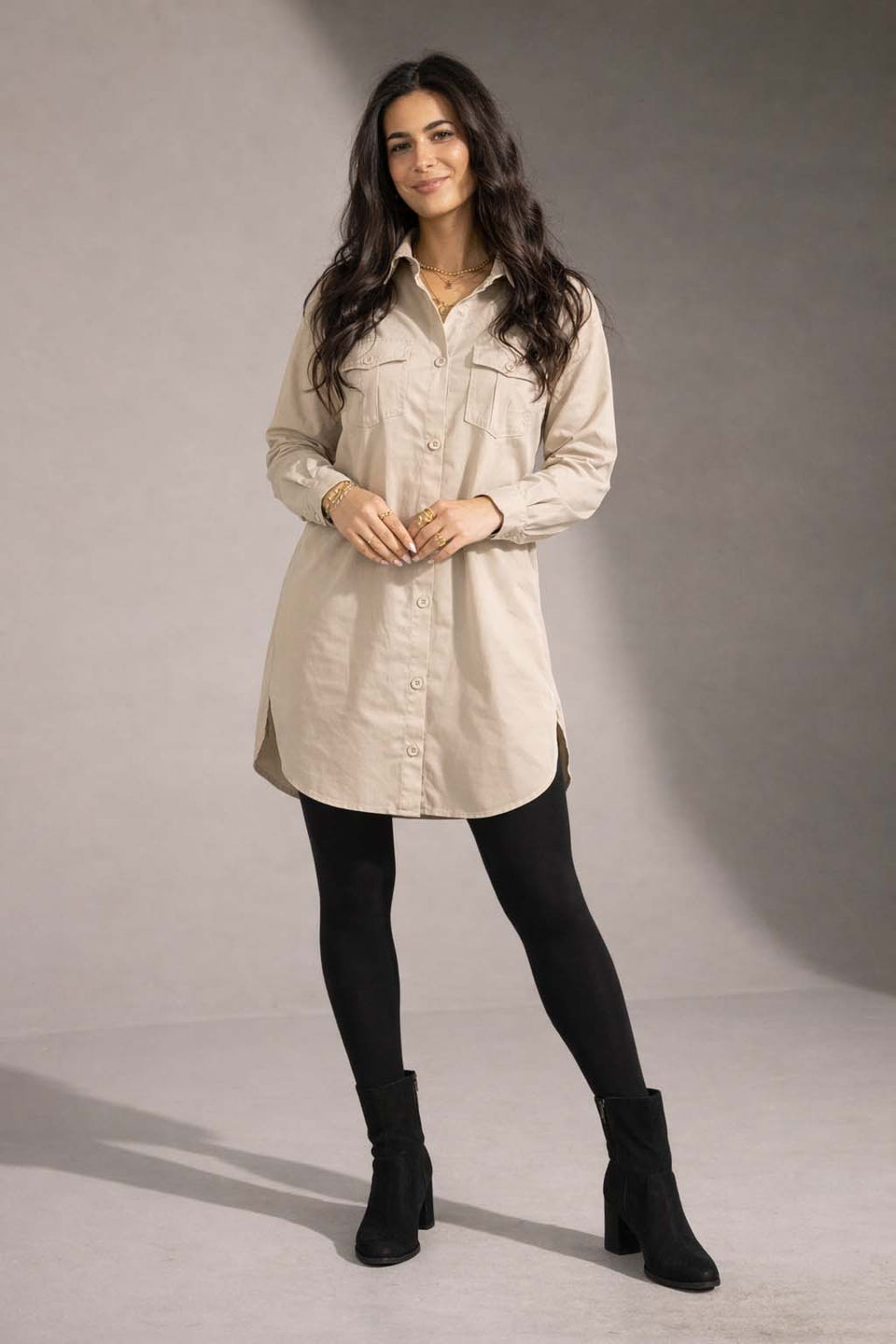 Beige Button-Down Shirt Dress