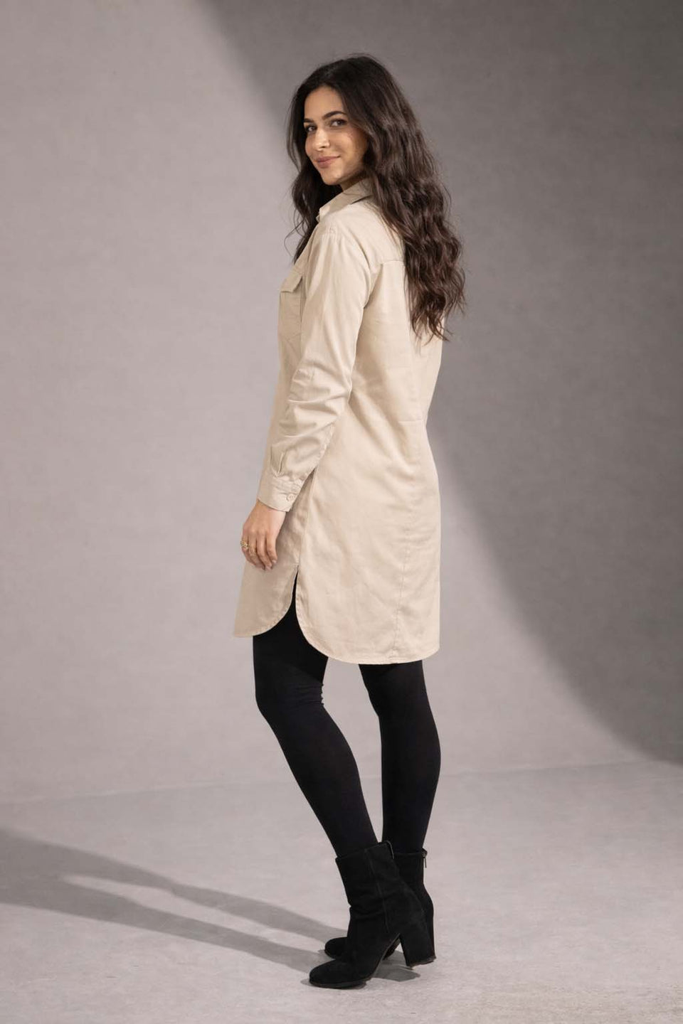 Beige Button-Down Shirt Dress