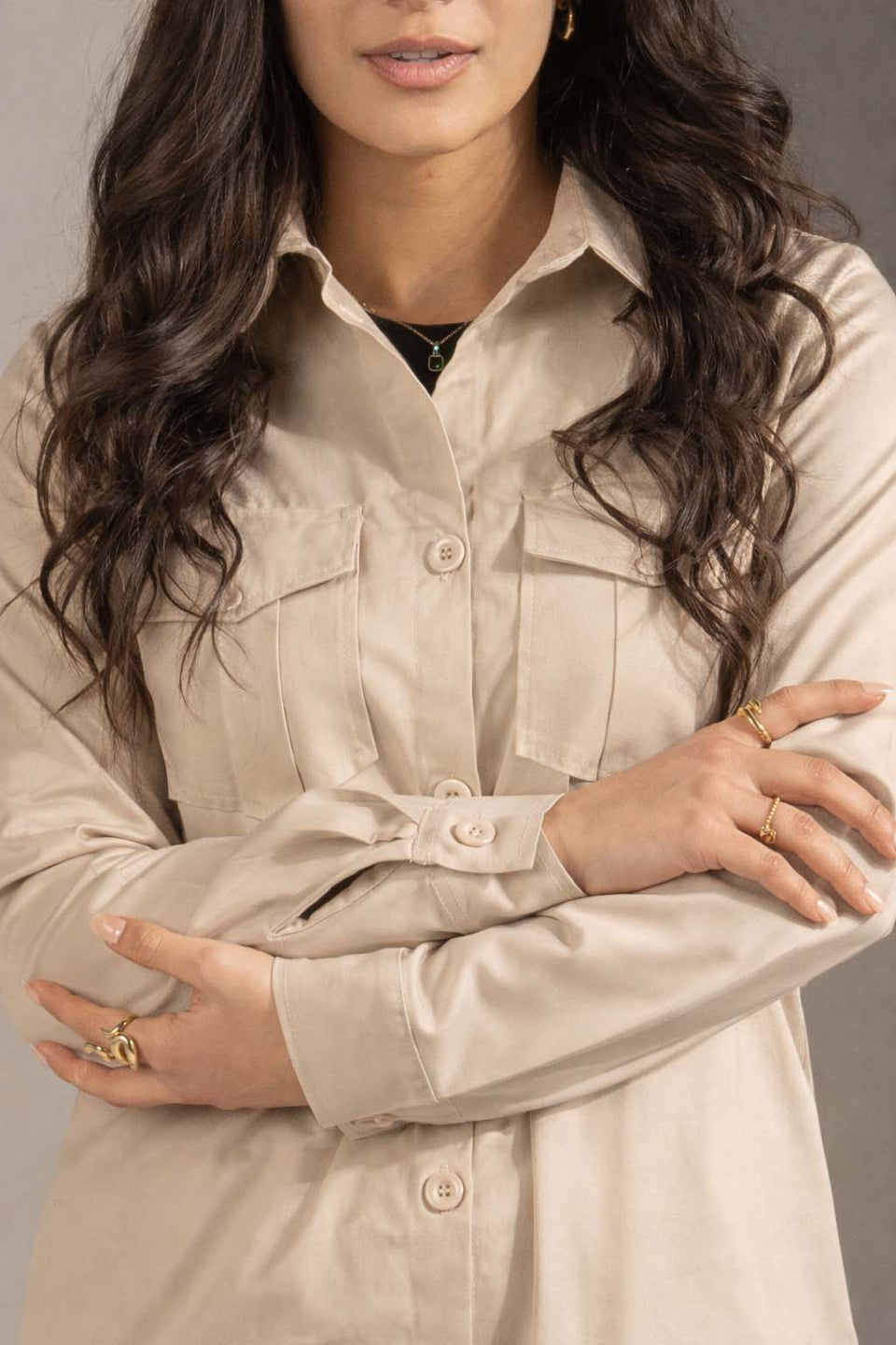 Beige Button-Down Shirt Dress