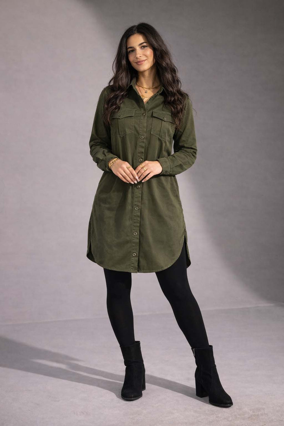 Olive Button-Down Shirt Dress
