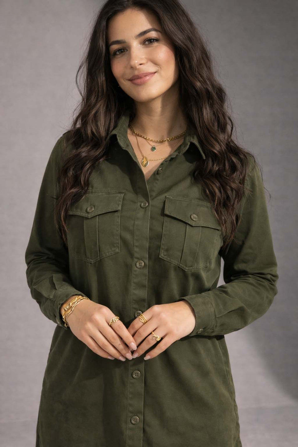 Olive Button-Down Shirt Dress