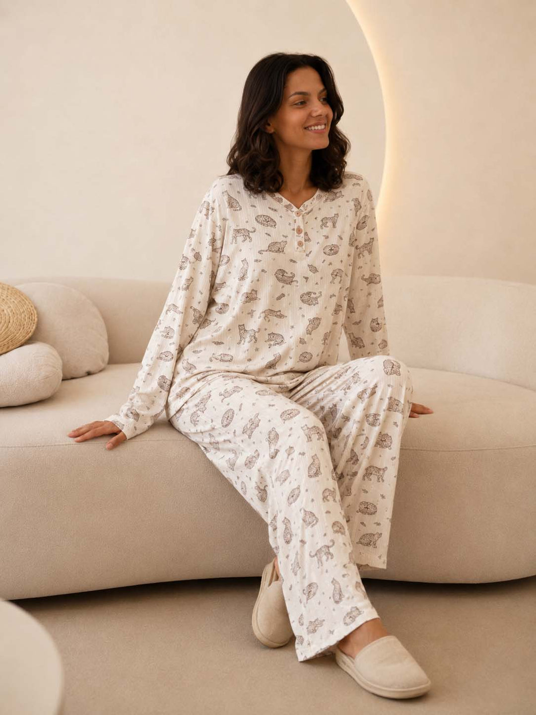 Beige Comfy Printed Pajama Set
