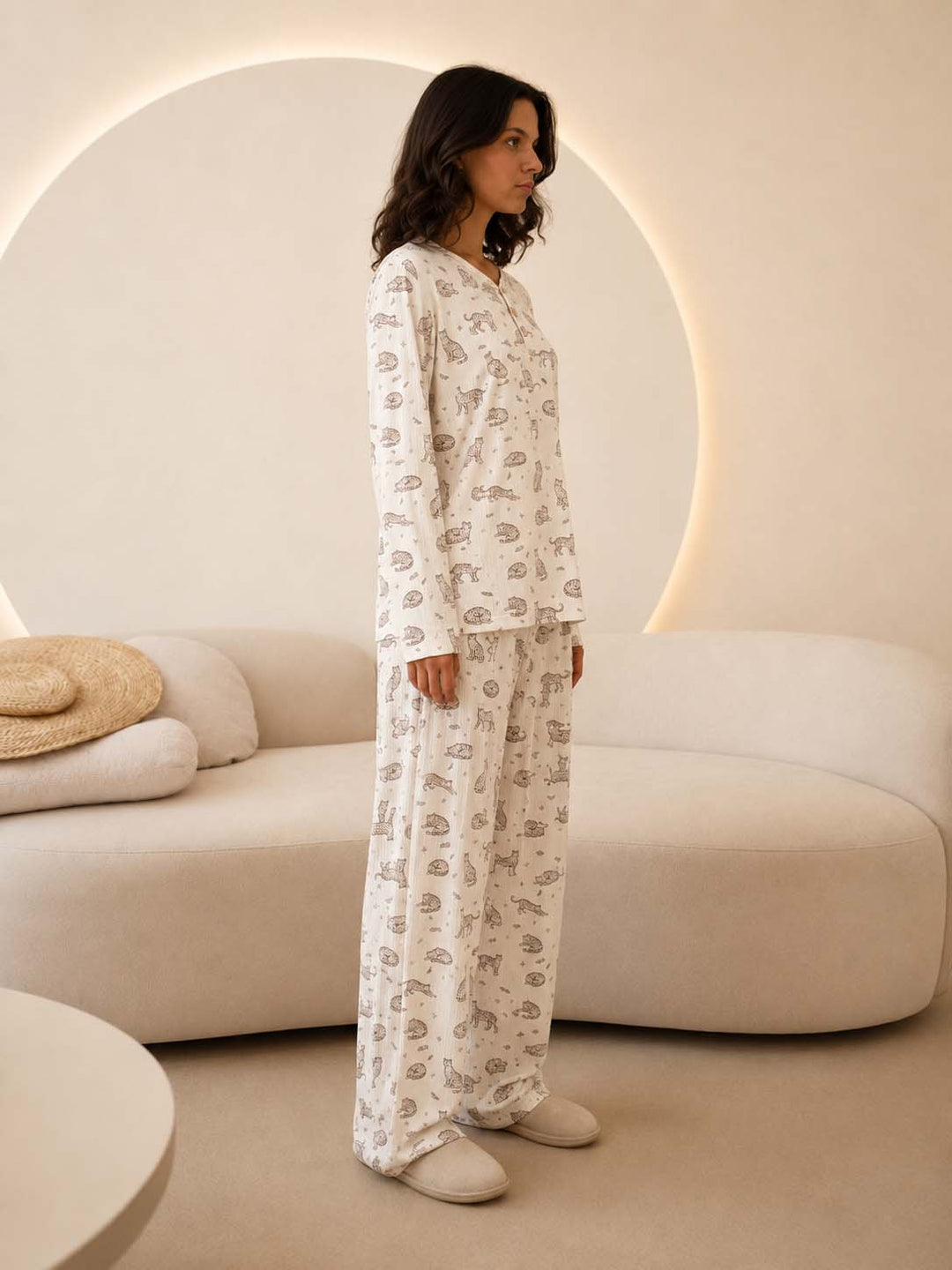 Beige Comfy Printed Pajama Set