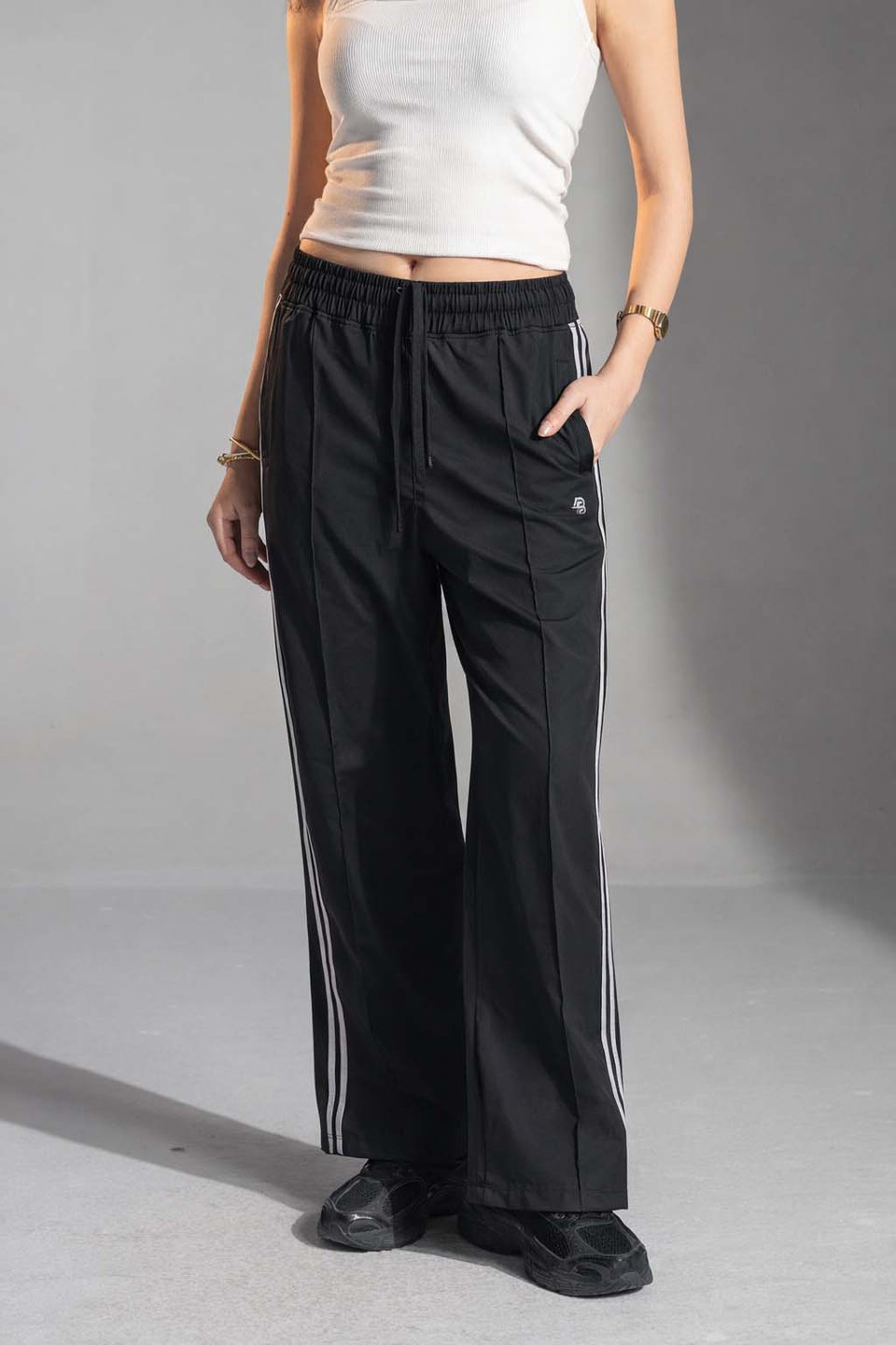 Black Side-Stripe Wide-Leg Track Pants