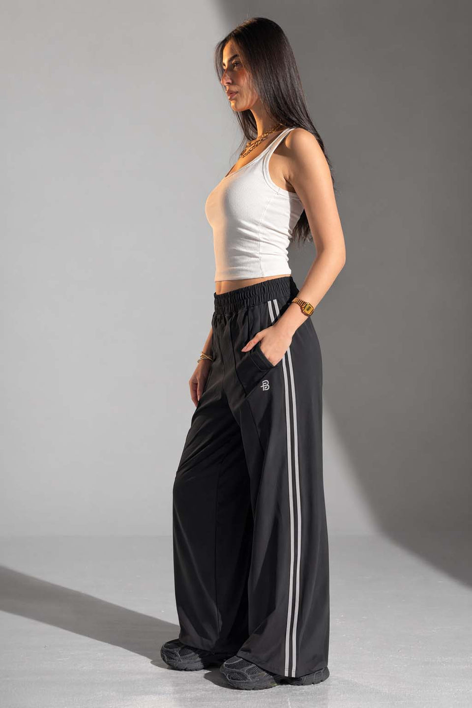 Black Side-Stripe Wide-Leg Track Pants