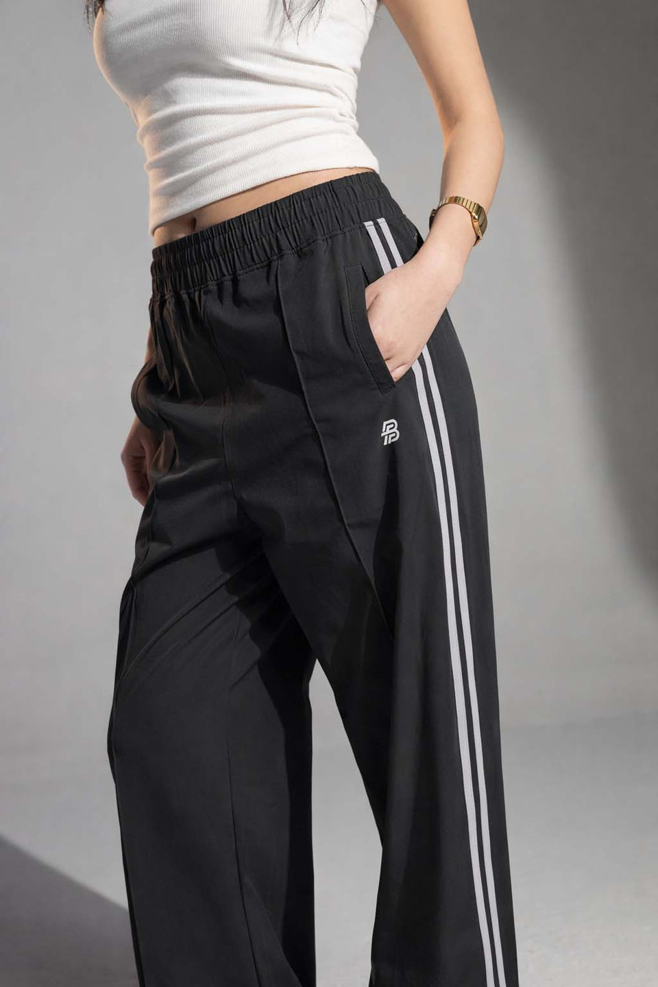 Black Side-Stripe Wide-Leg Track Pants