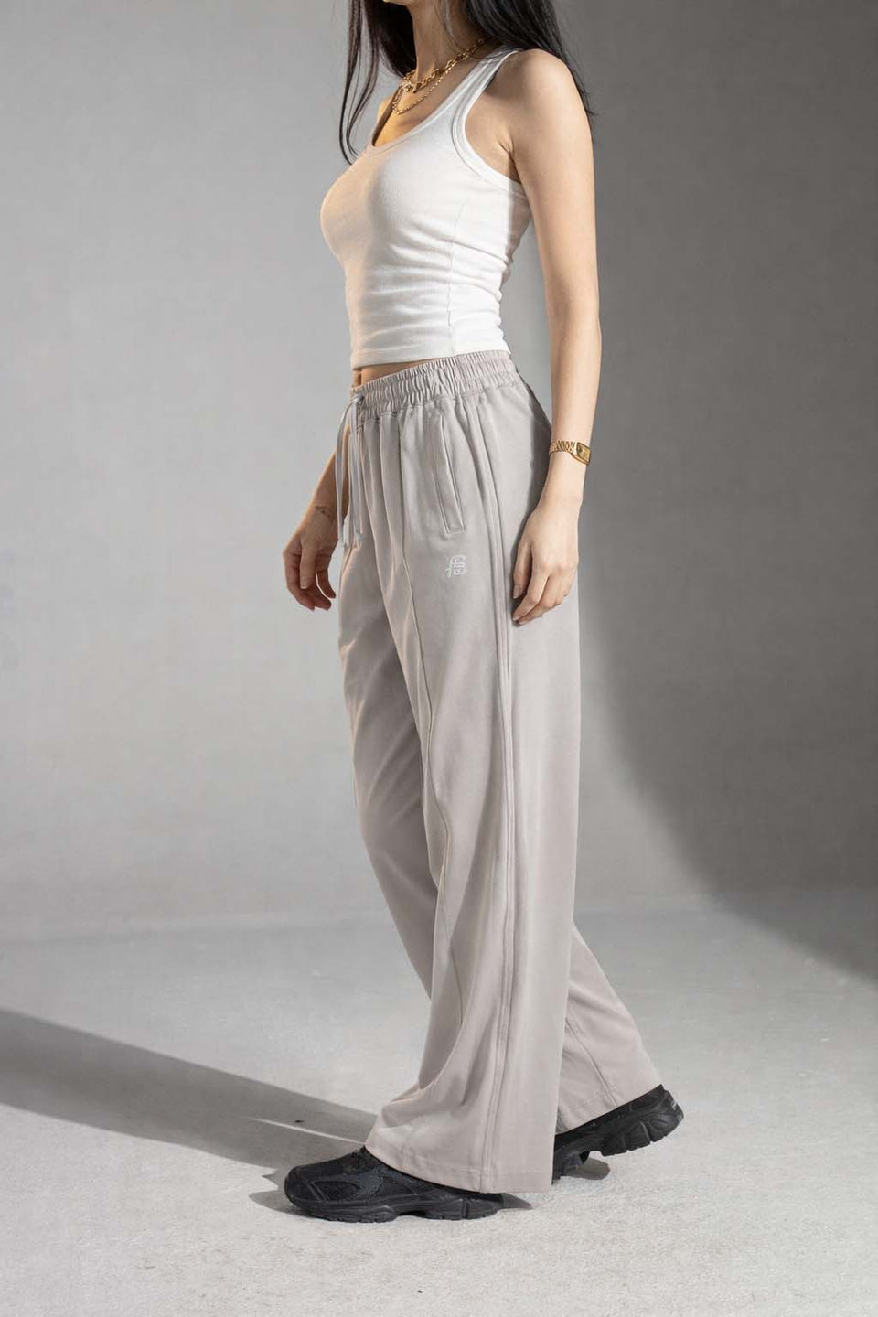 Grey Side-Stripe Wide-Leg Track Pants