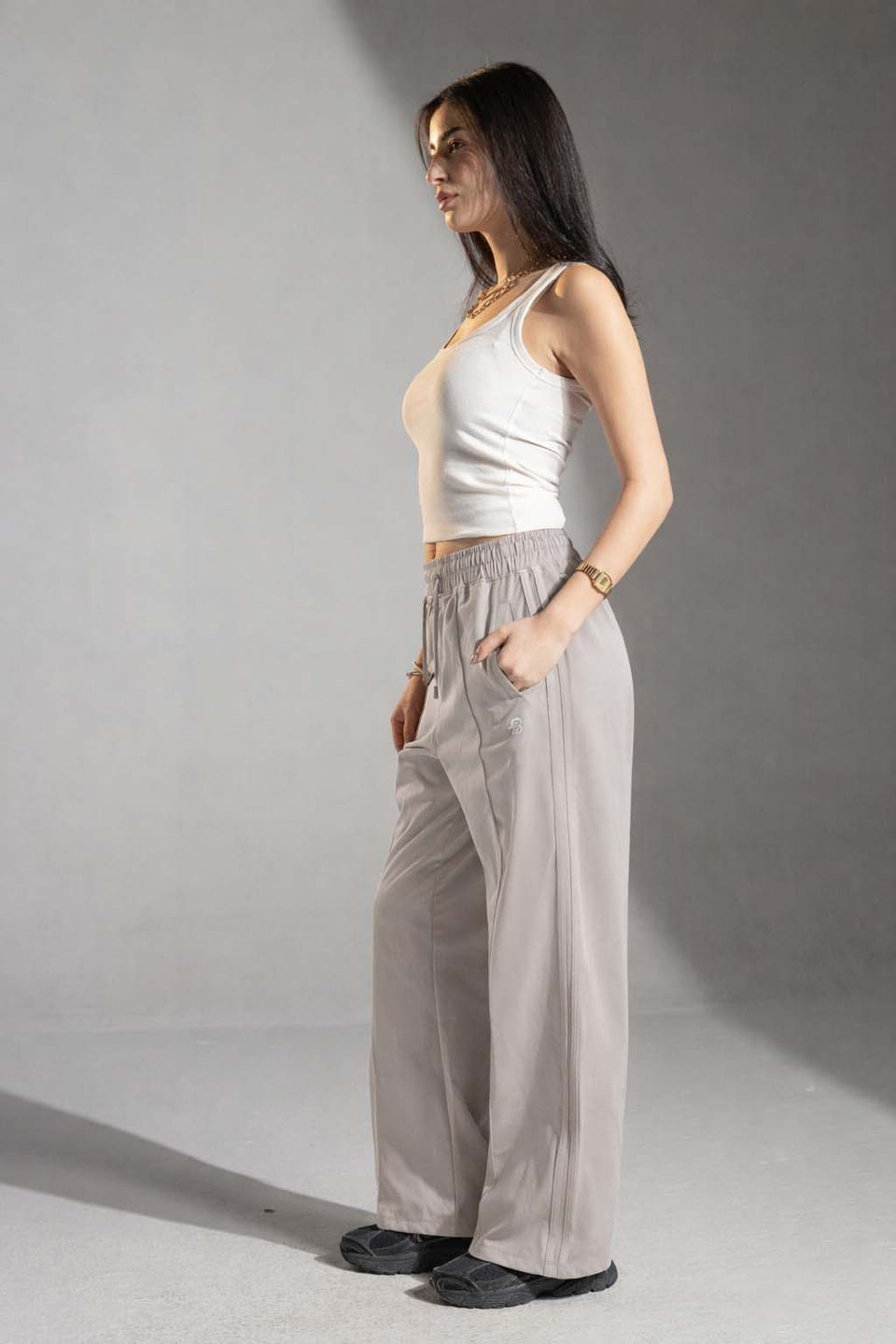 Grey Side-Stripe Wide-Leg Track Pants