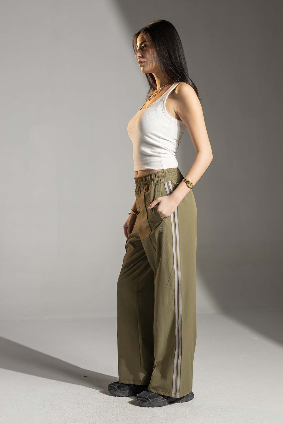 Olive Side-Stripe Wide-Leg Track Pants