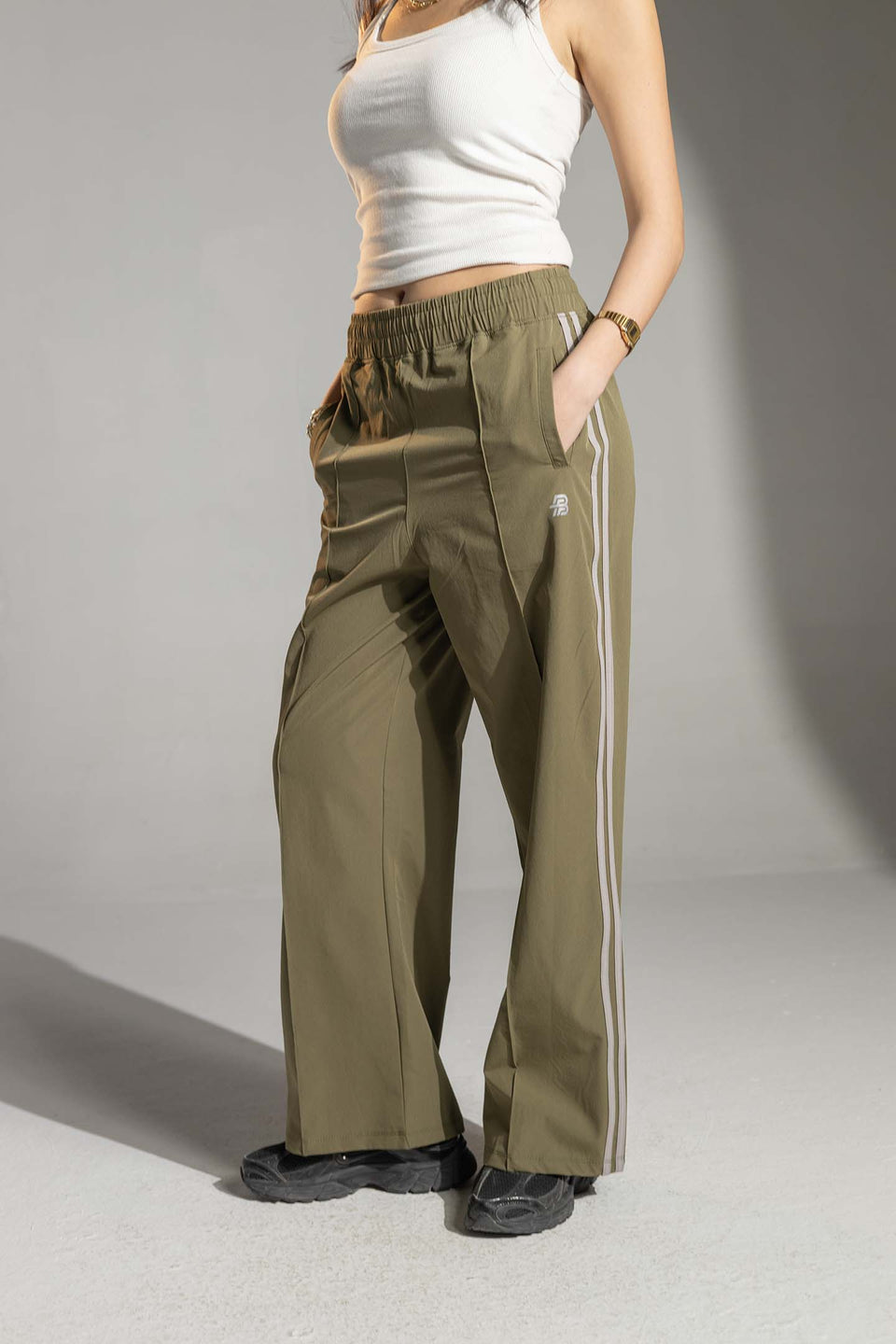 Olive Side-Stripe Wide-Leg Track Pants