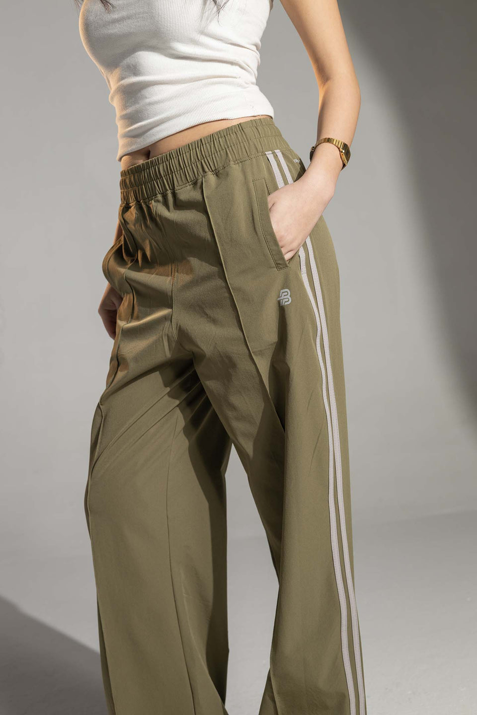 Olive Side-Stripe Wide-Leg Track Pants