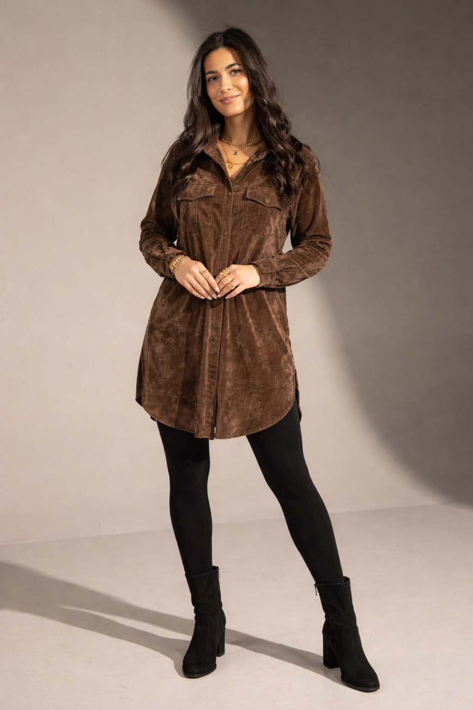 Brown Velvet Shirt Dress
