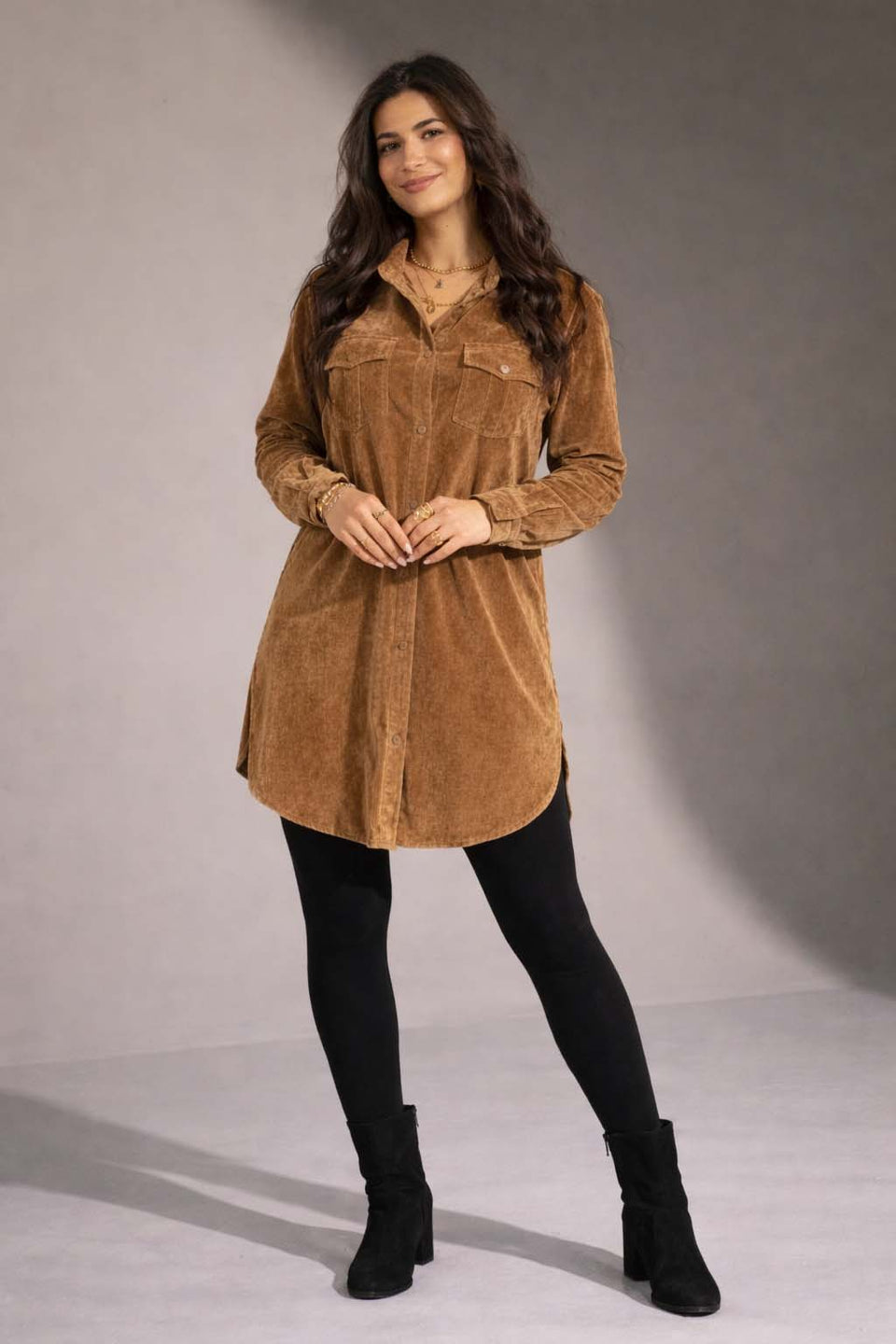 Camel Velvet Shirt Dress