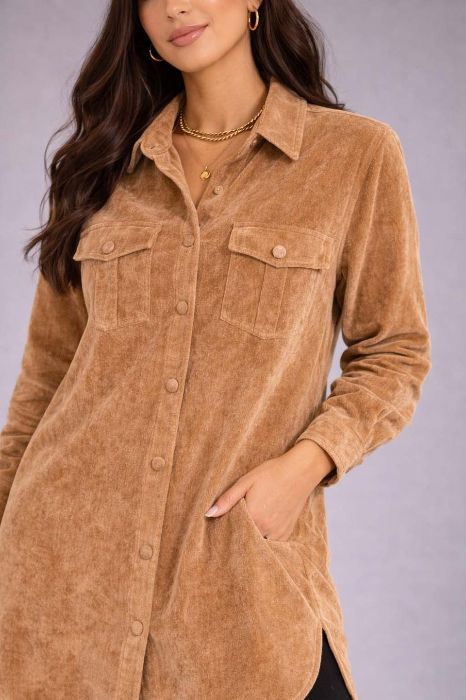 Camel Velvet Shirt Dress