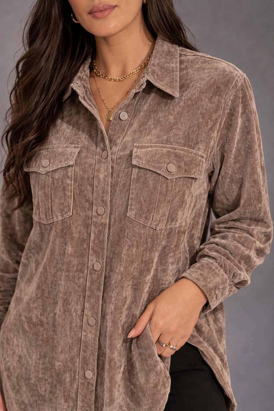 Coffe Velvet Shirt Dress