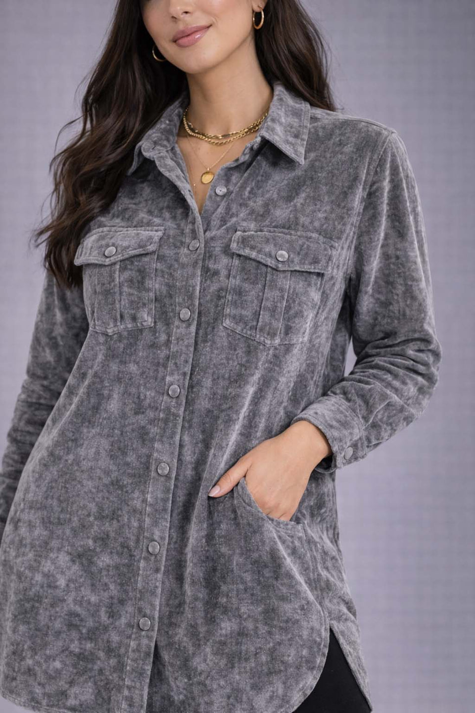Grey Velvet Shirt Dress