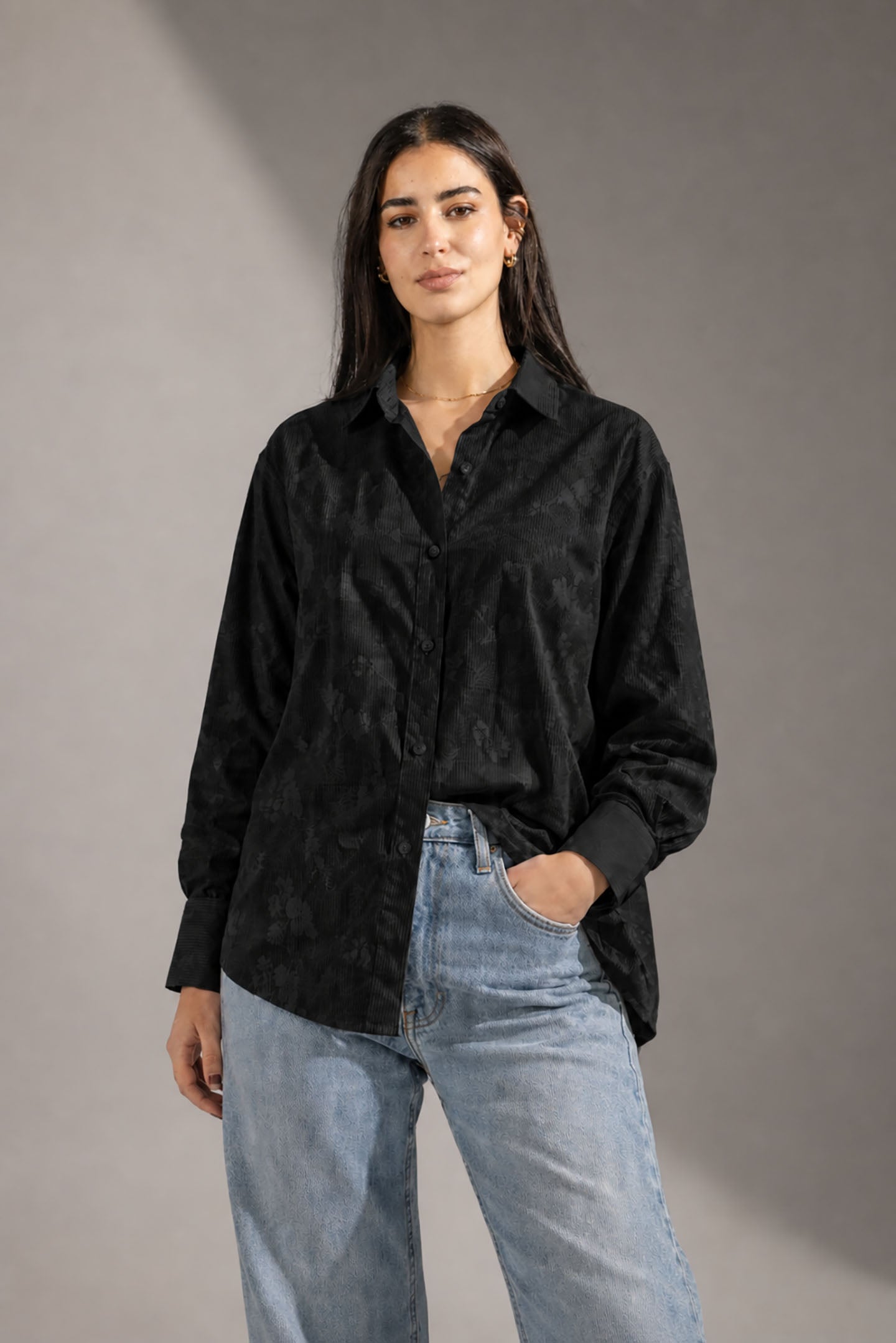 Black Patterned Striped Cuff Shirt