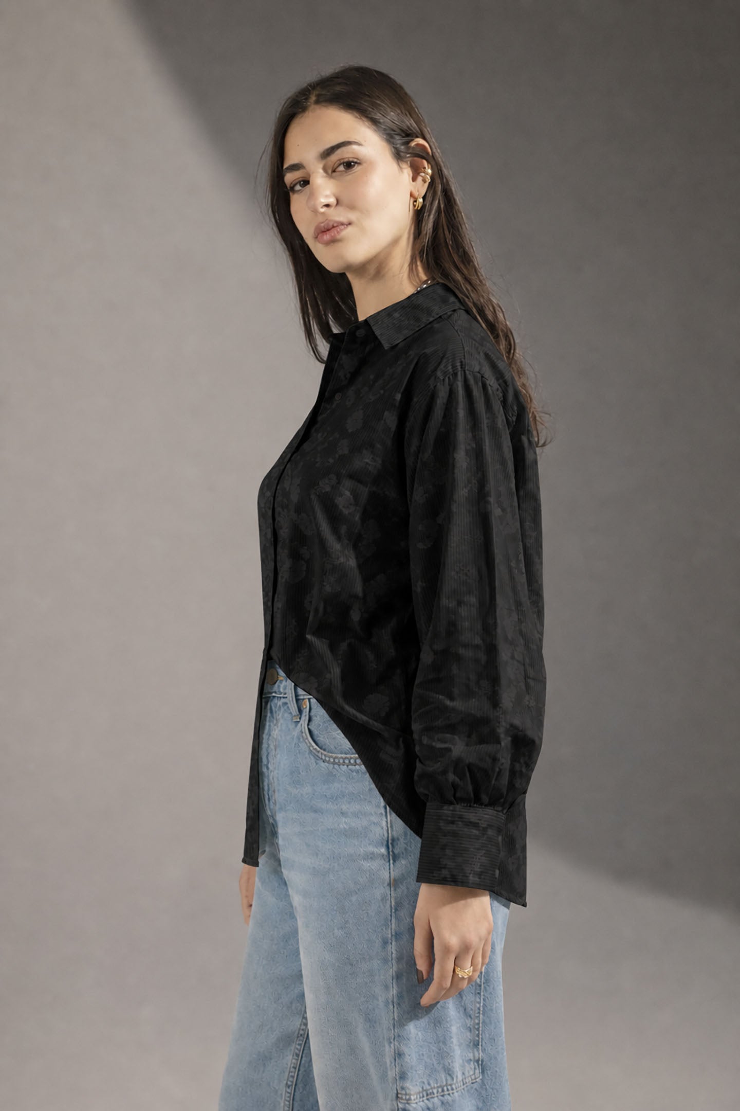 Black Patterned Striped Cuff Shirt