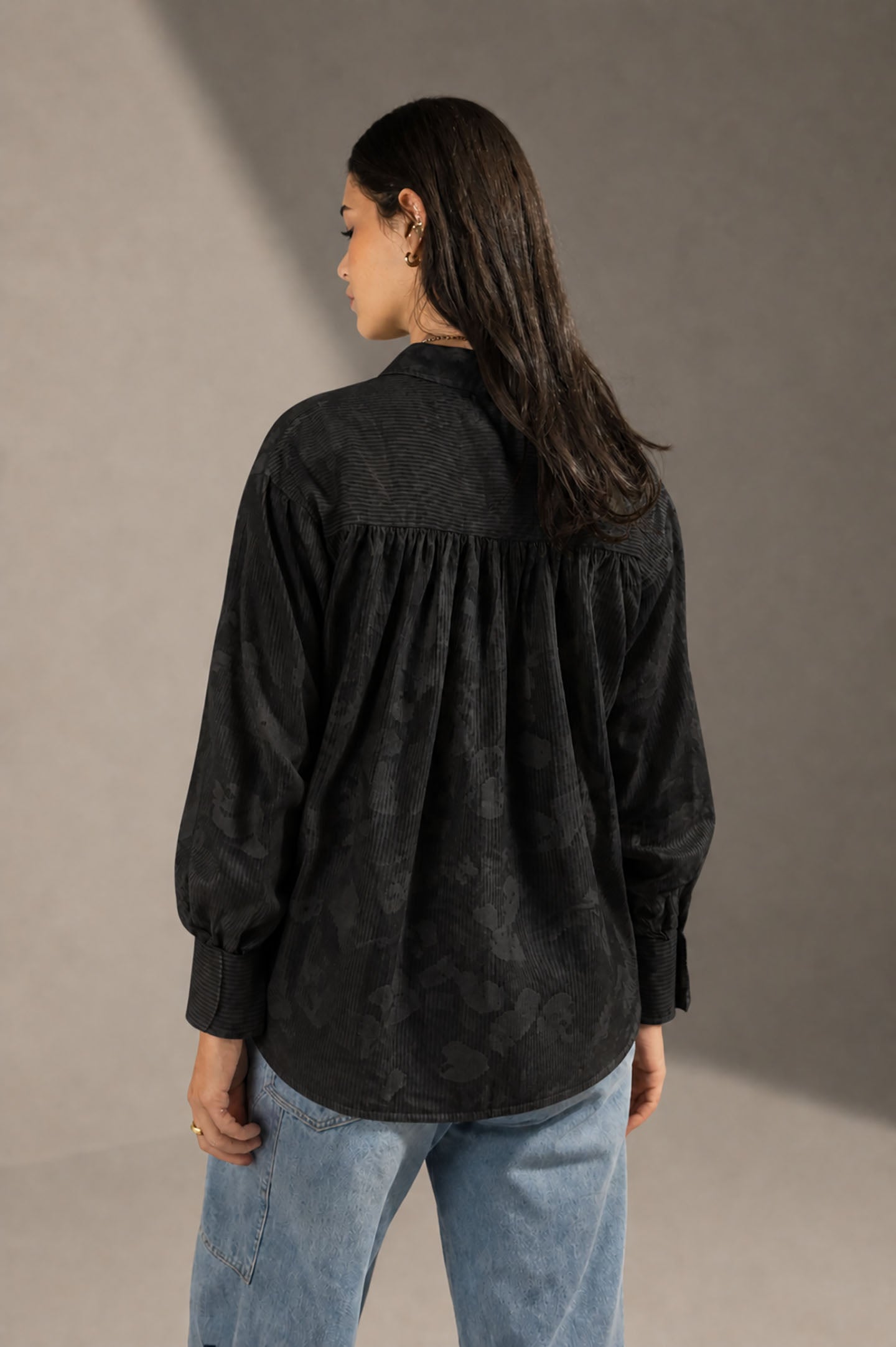 Black Patterned Striped Cuff Shirt