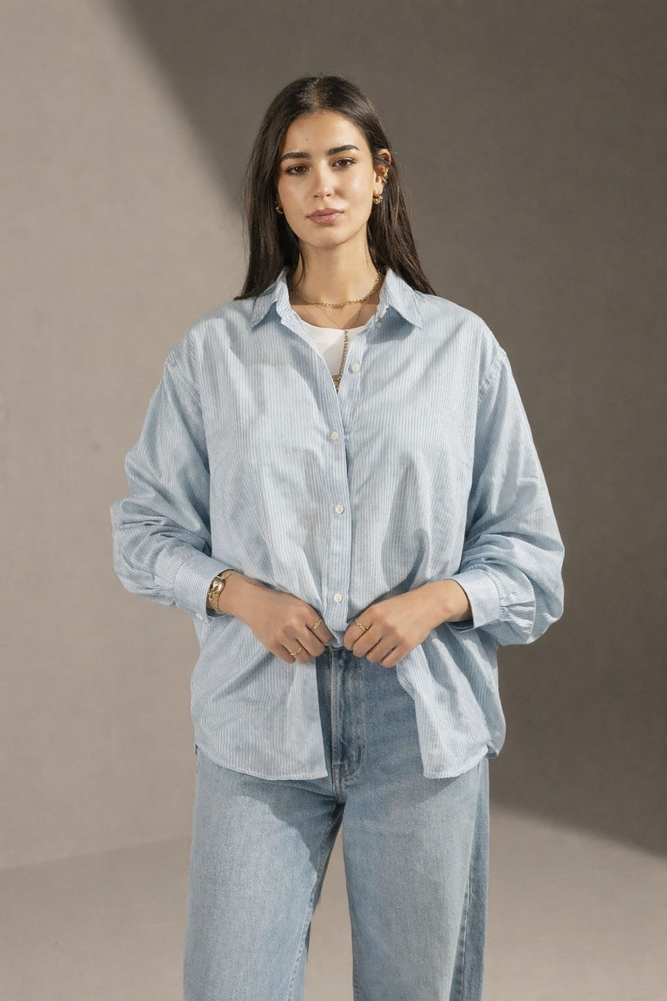 Blue Patterned Striped Cuff Shirt