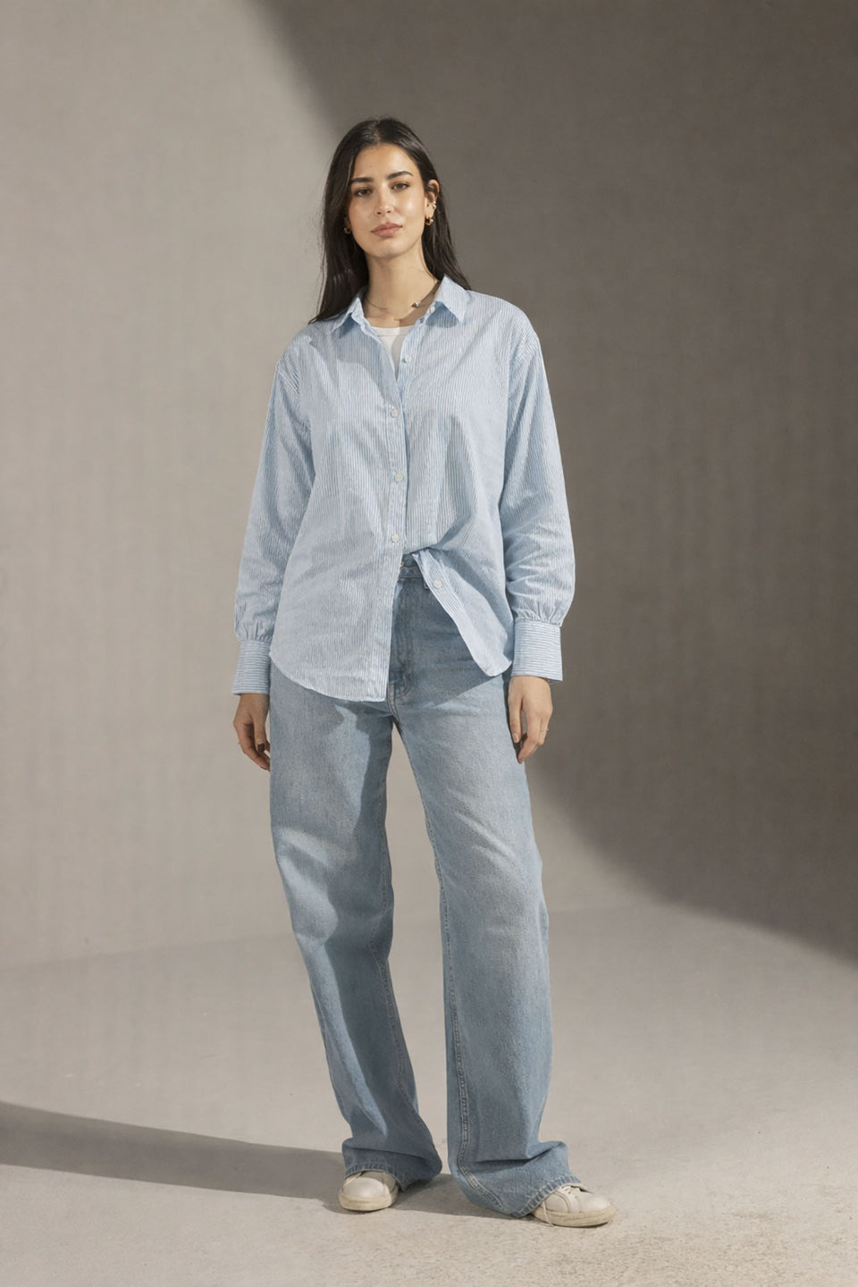 Blue Patterned Striped Cuff Shirt