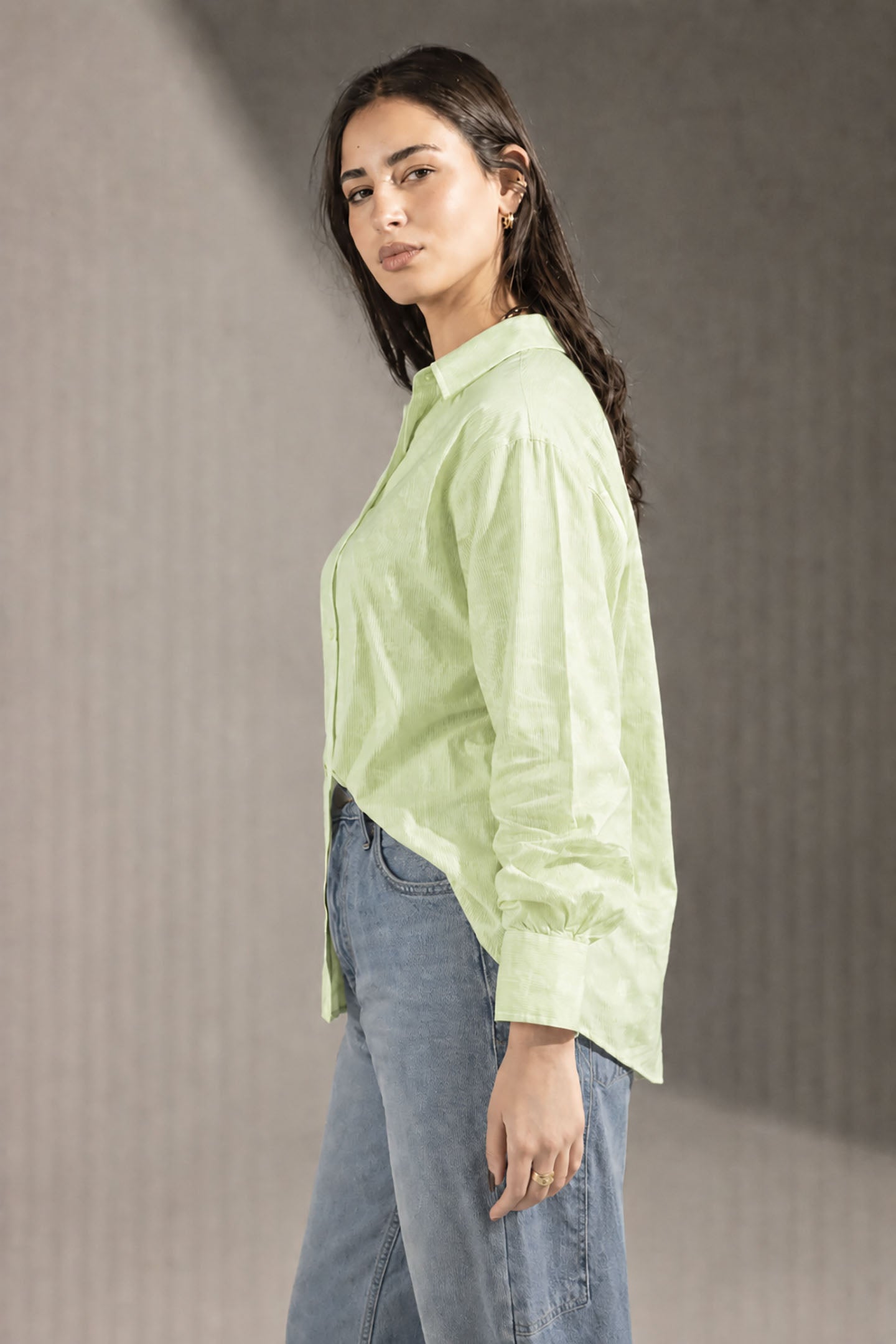 Lime Patterned Striped Cuff Shirt