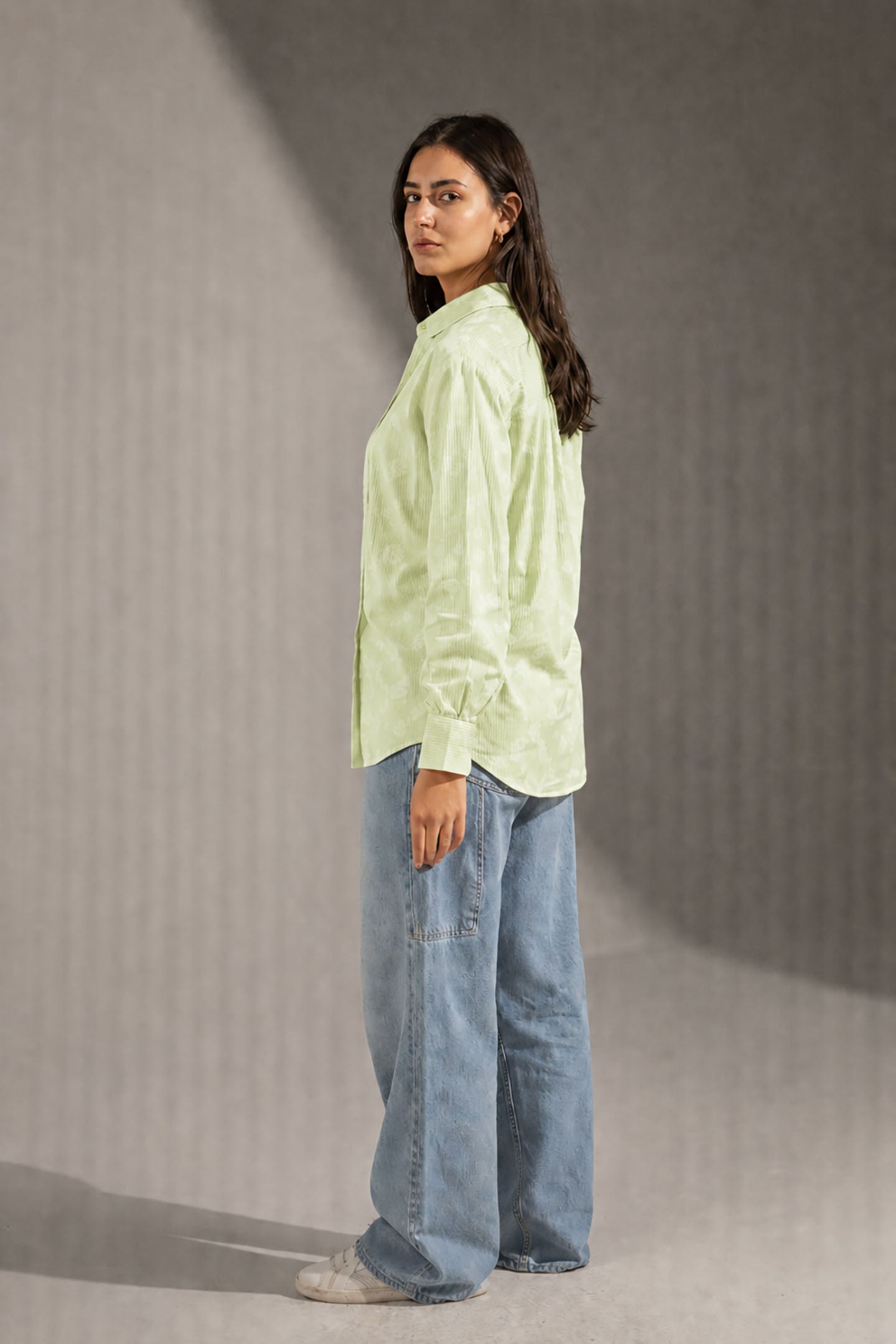 Lime Patterned Striped Cuff Shirt