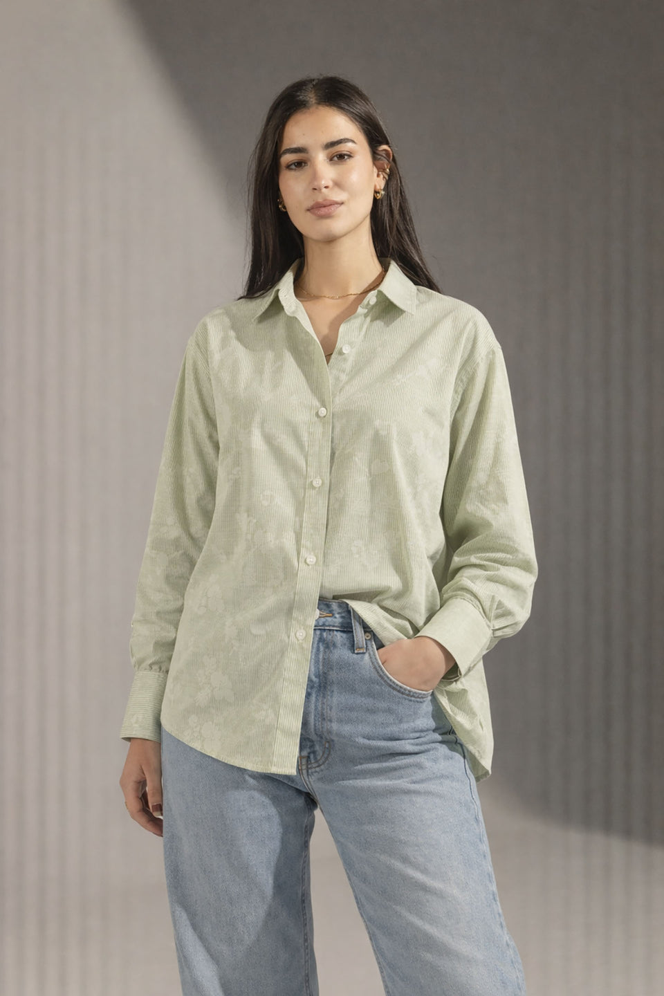 Mint Patterned Striped Cuff Shirt