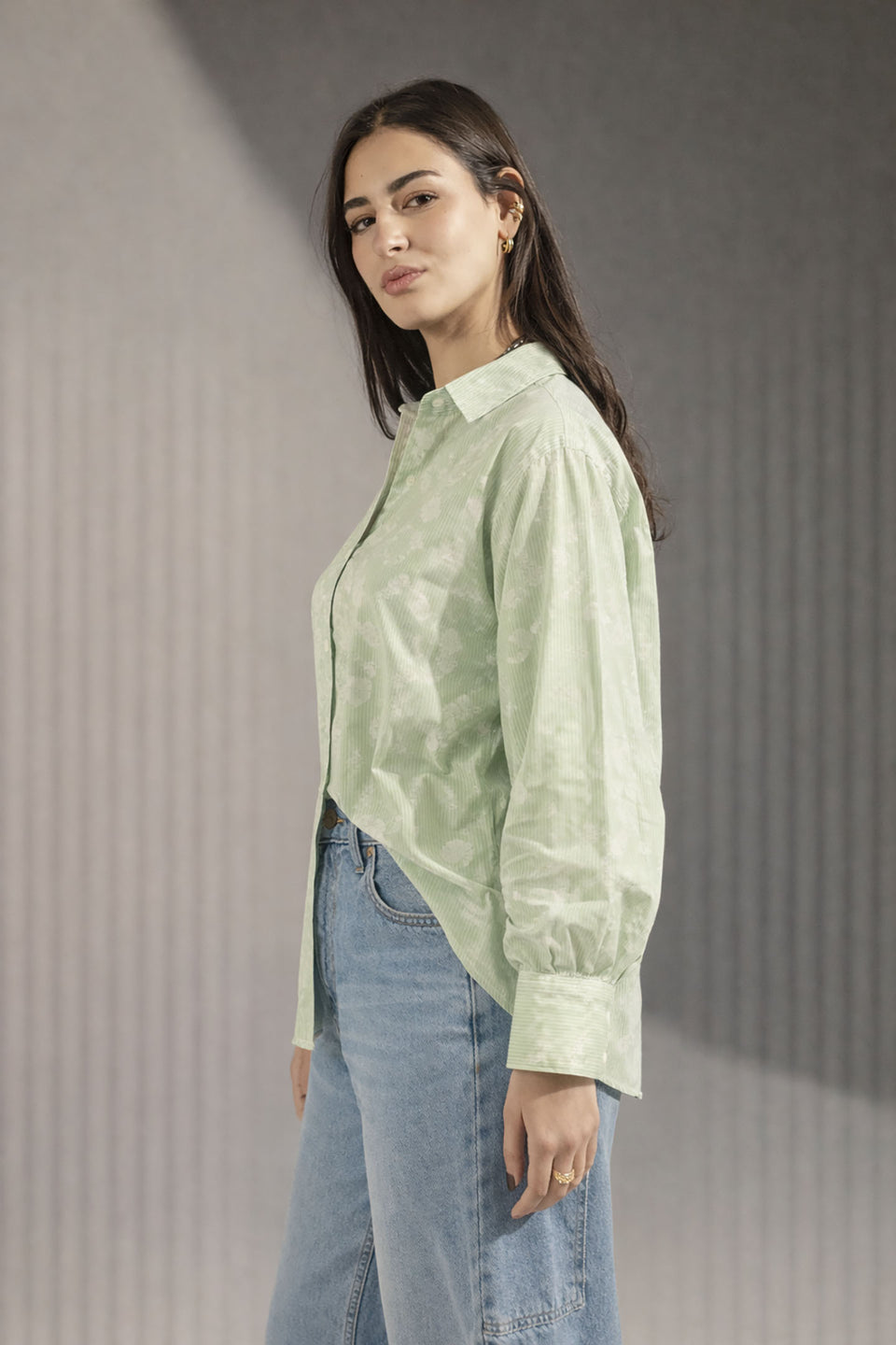 Mint Patterned Striped Cuff Shirt