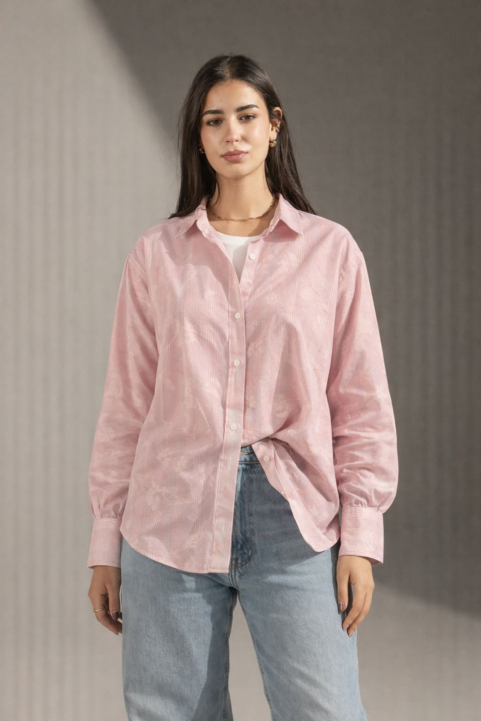 Rose Patterned Striped Cuff Shirt