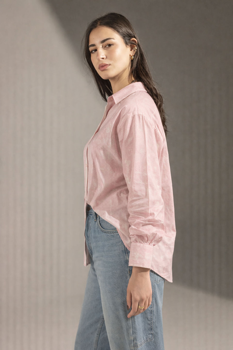 Rose Patterned Striped Cuff Shirt