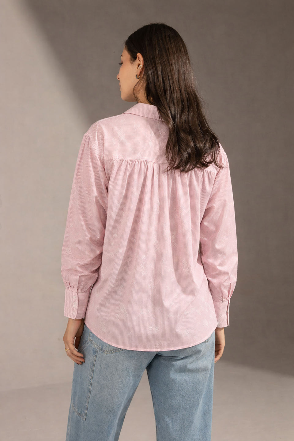 Rose Patterned Striped Cuff Shirt