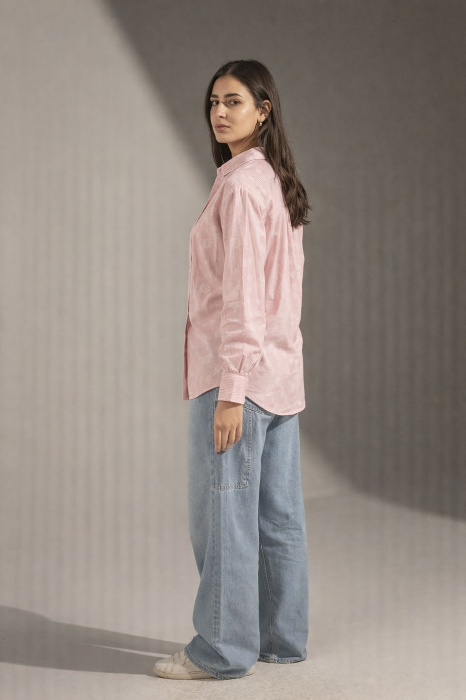 Rose Patterned Striped Cuff Shirt