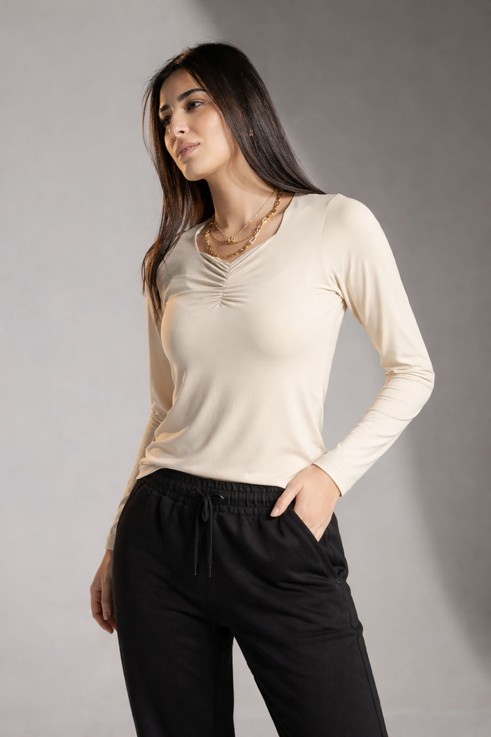 Off White Ruched Long Sleeve Top