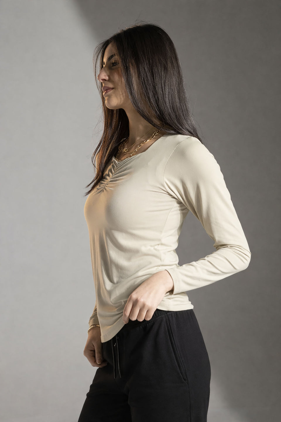 Off White Ruched Long Sleeve Top